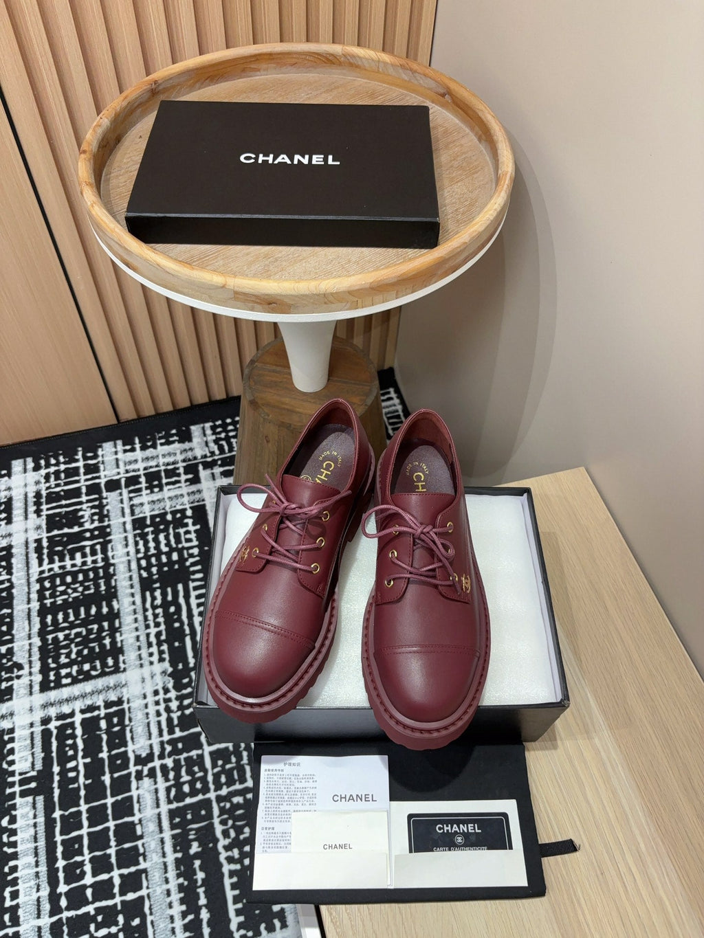 CHANEL OXFORD SHOES IN BURGUNDY RED CALFSKIN