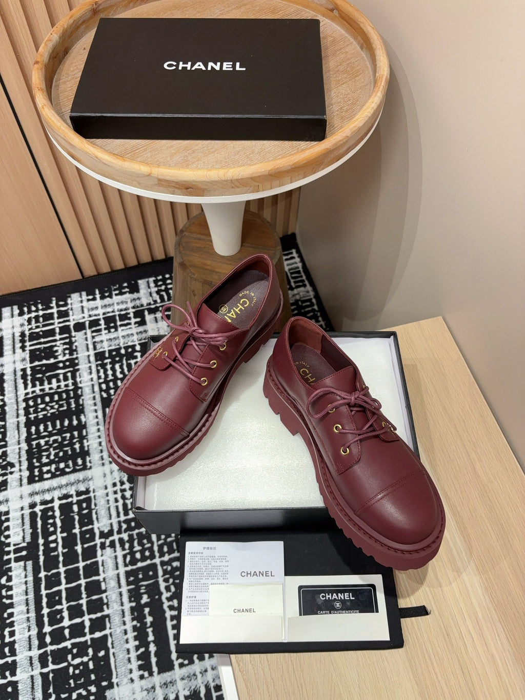 CHANEL OXFORD SHOES IN BURGUNDY RED CALFSKIN