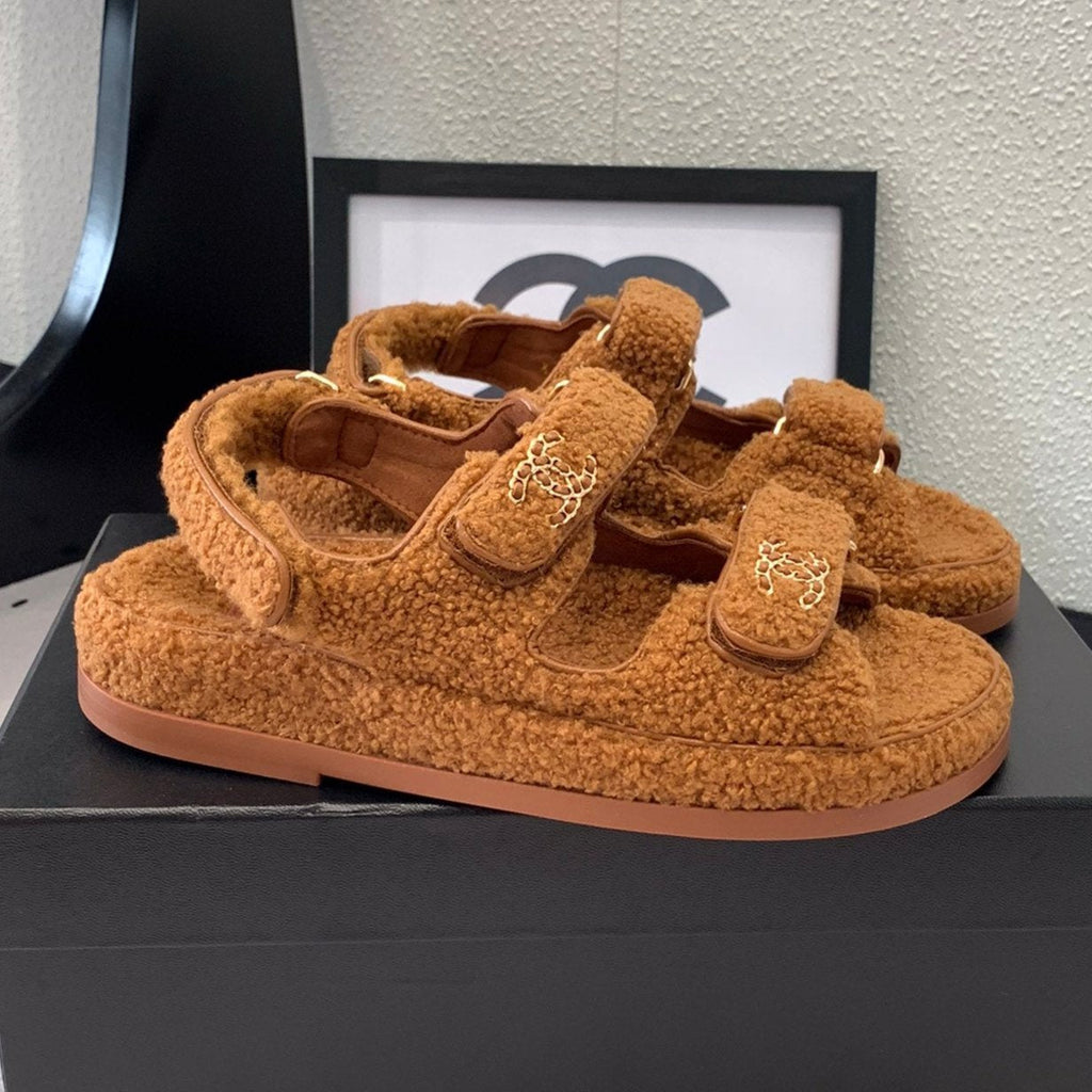 CHANEL DAD SANDAL BRONZE BROWN LAMB FUR