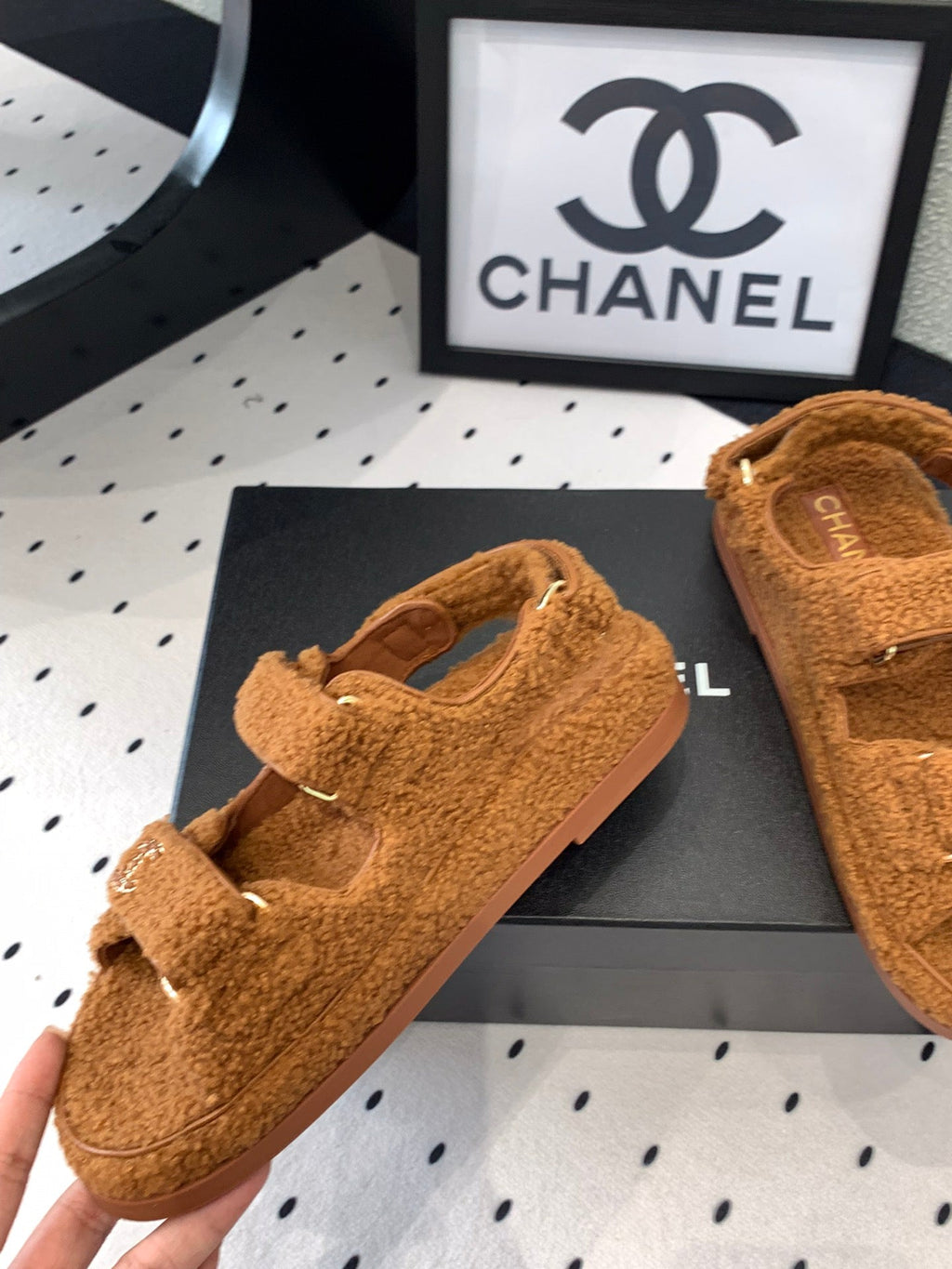 CHANEL DAD SANDAL BRONZE BROWN LAMB FUR