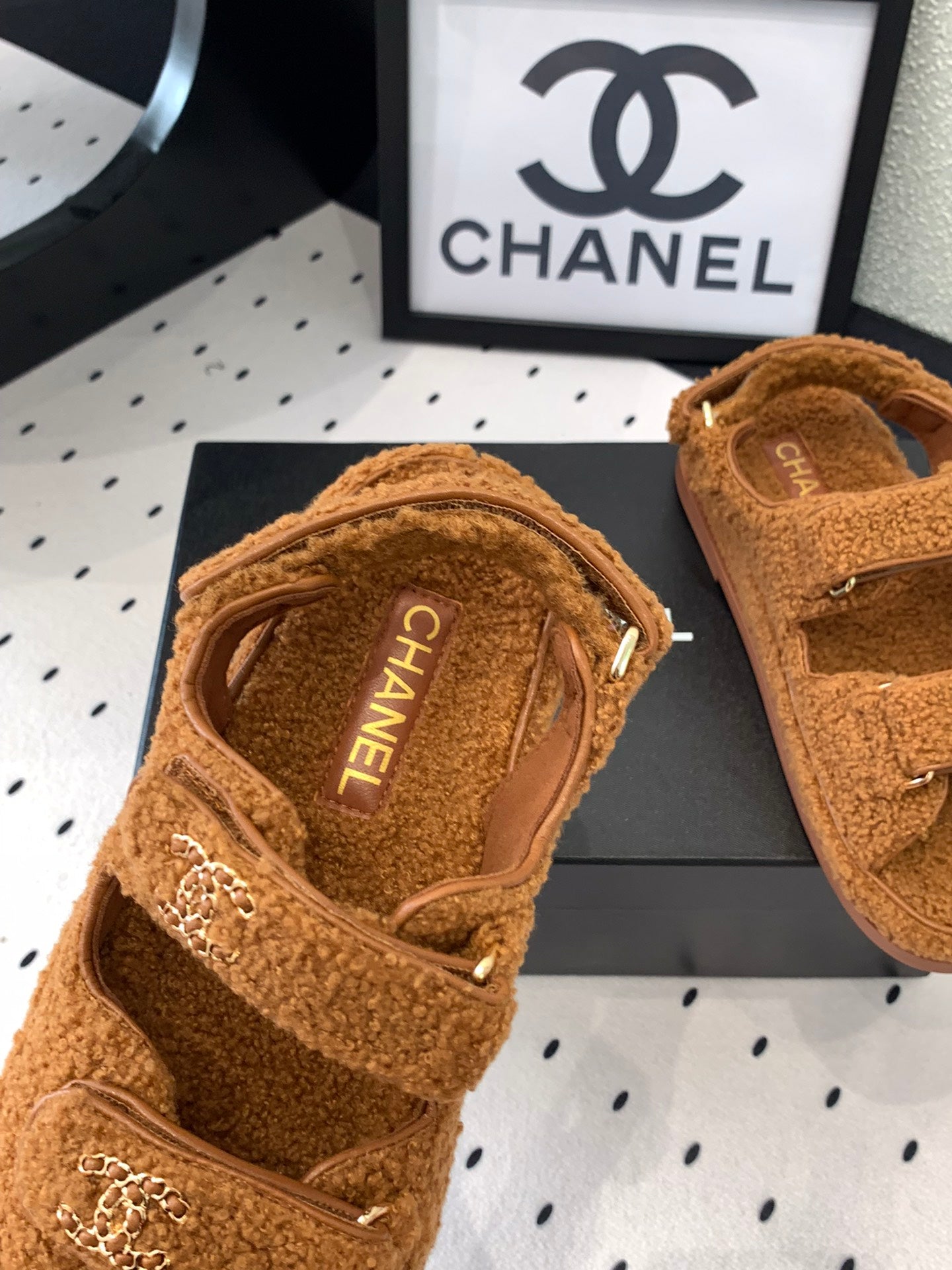 CHANEL DAD SANDAL BRONZE BROWN LAMB FUR