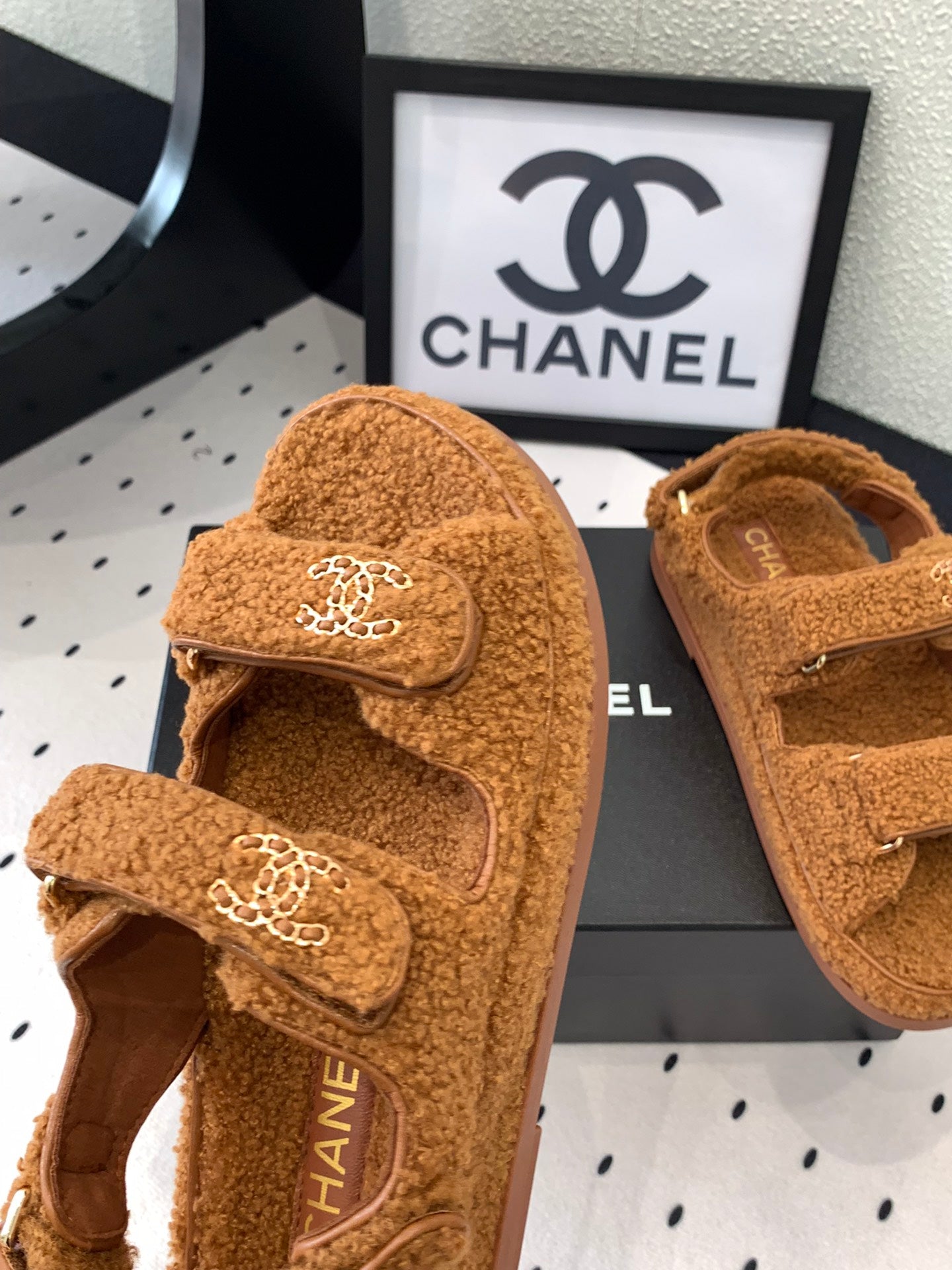 CHANEL DAD SANDAL BRONZE BROWN LAMB FUR