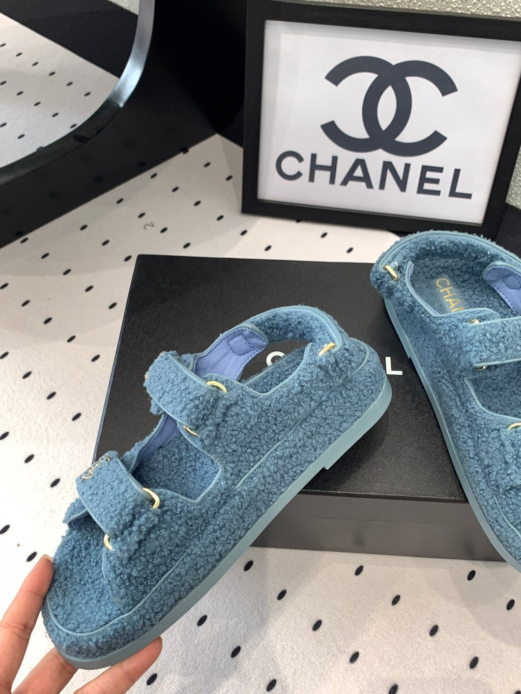 CHANEL DAD SANDAL AEGEAN BLUE LAMB FUR