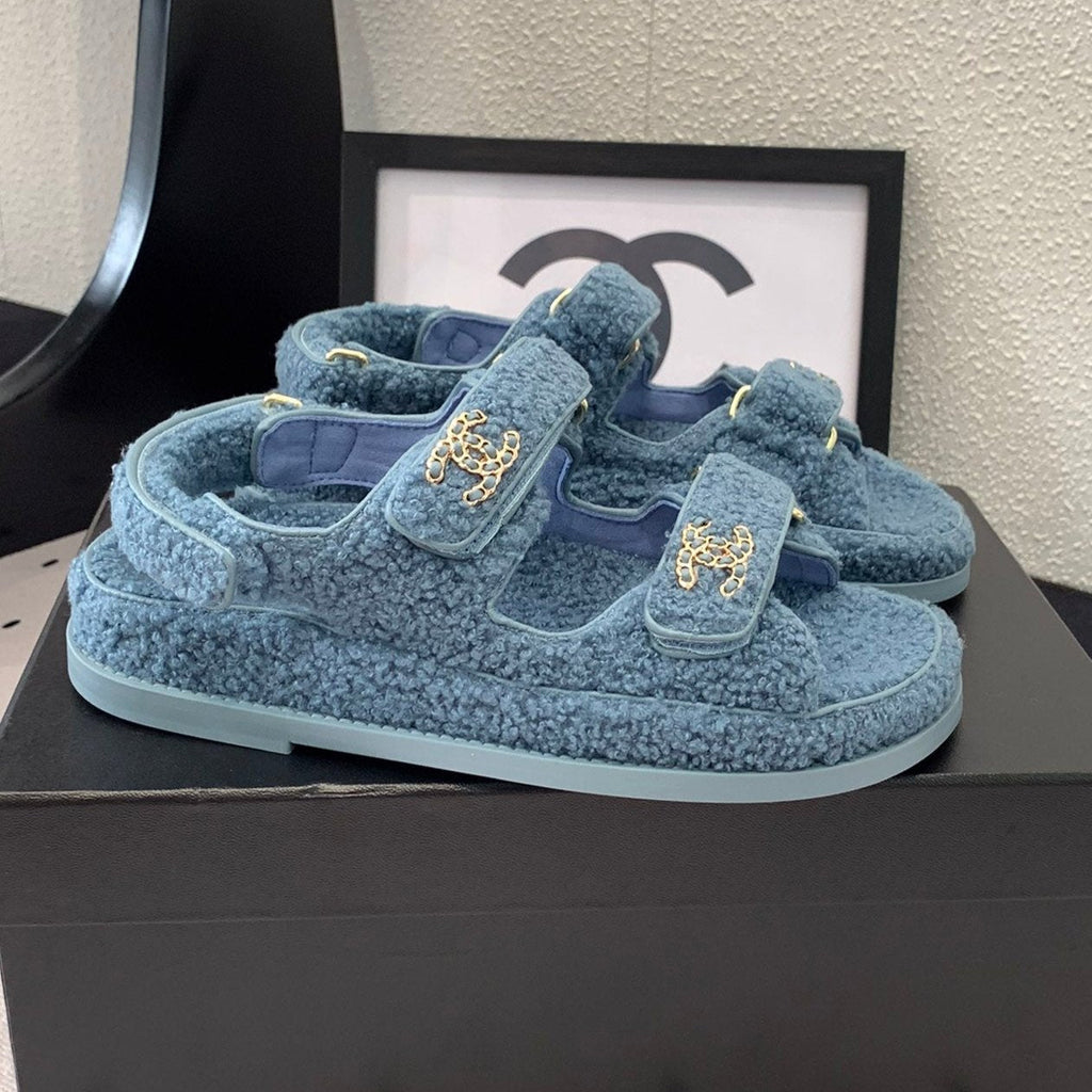 CHANEL DAD SANDAL AEGEAN BLUE LAMB FUR