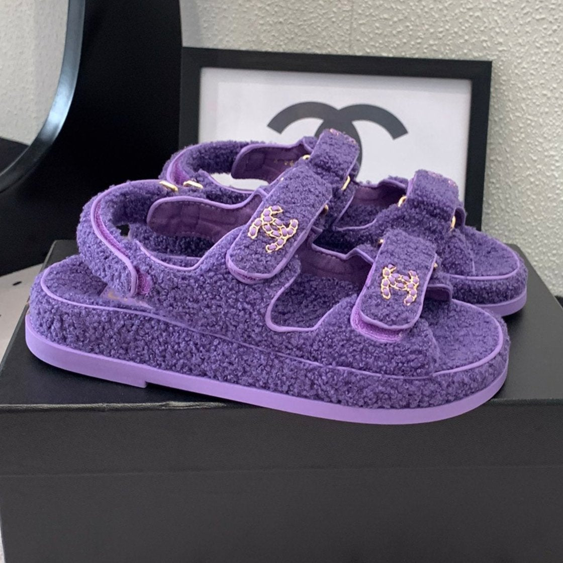 CHANEL DAD SANDAL PLUM PURPLE LAMB FUR