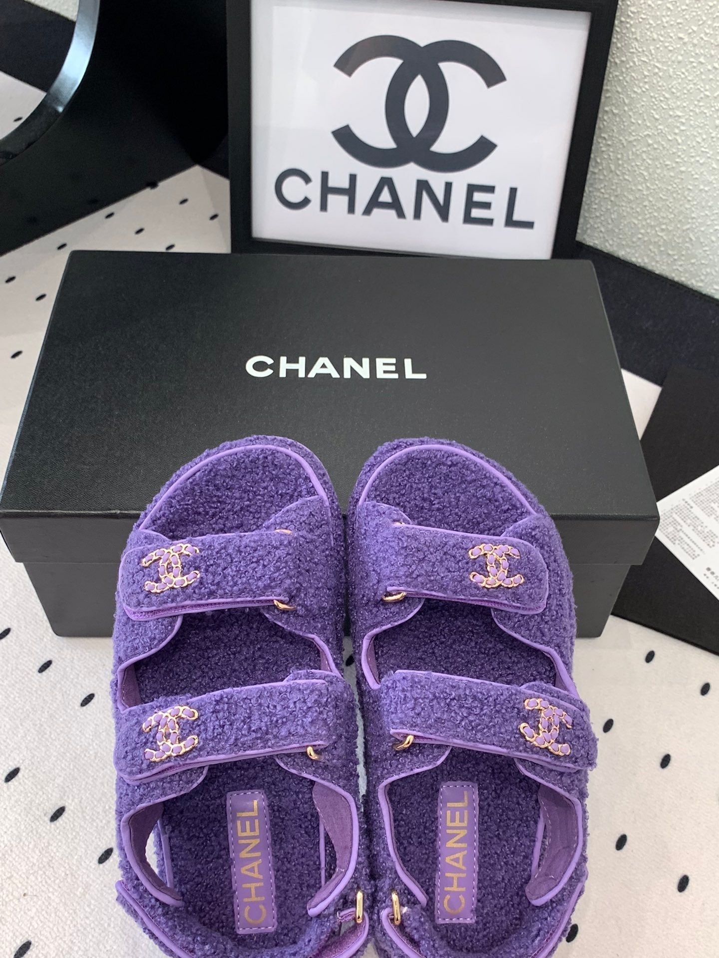 CHANEL DAD SANDAL PLUM PURPLE LAMB FUR