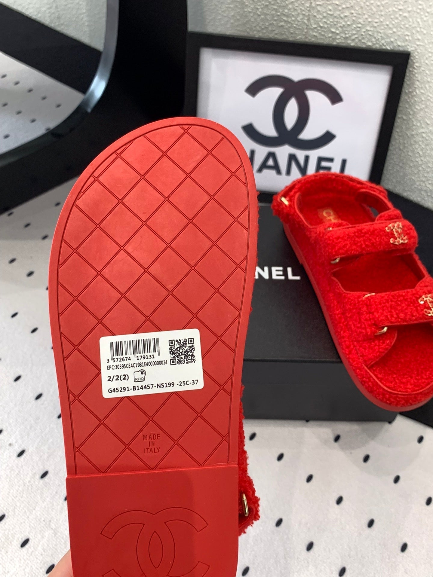 CHANEL DAD SANDAL CRIMSON RED LAMB FUR