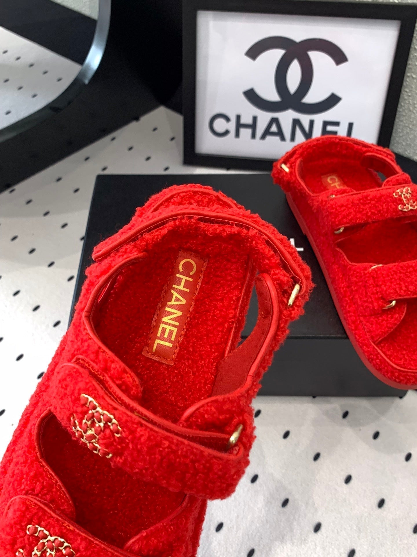 CHANEL DAD SANDAL CRIMSON RED LAMB FUR
