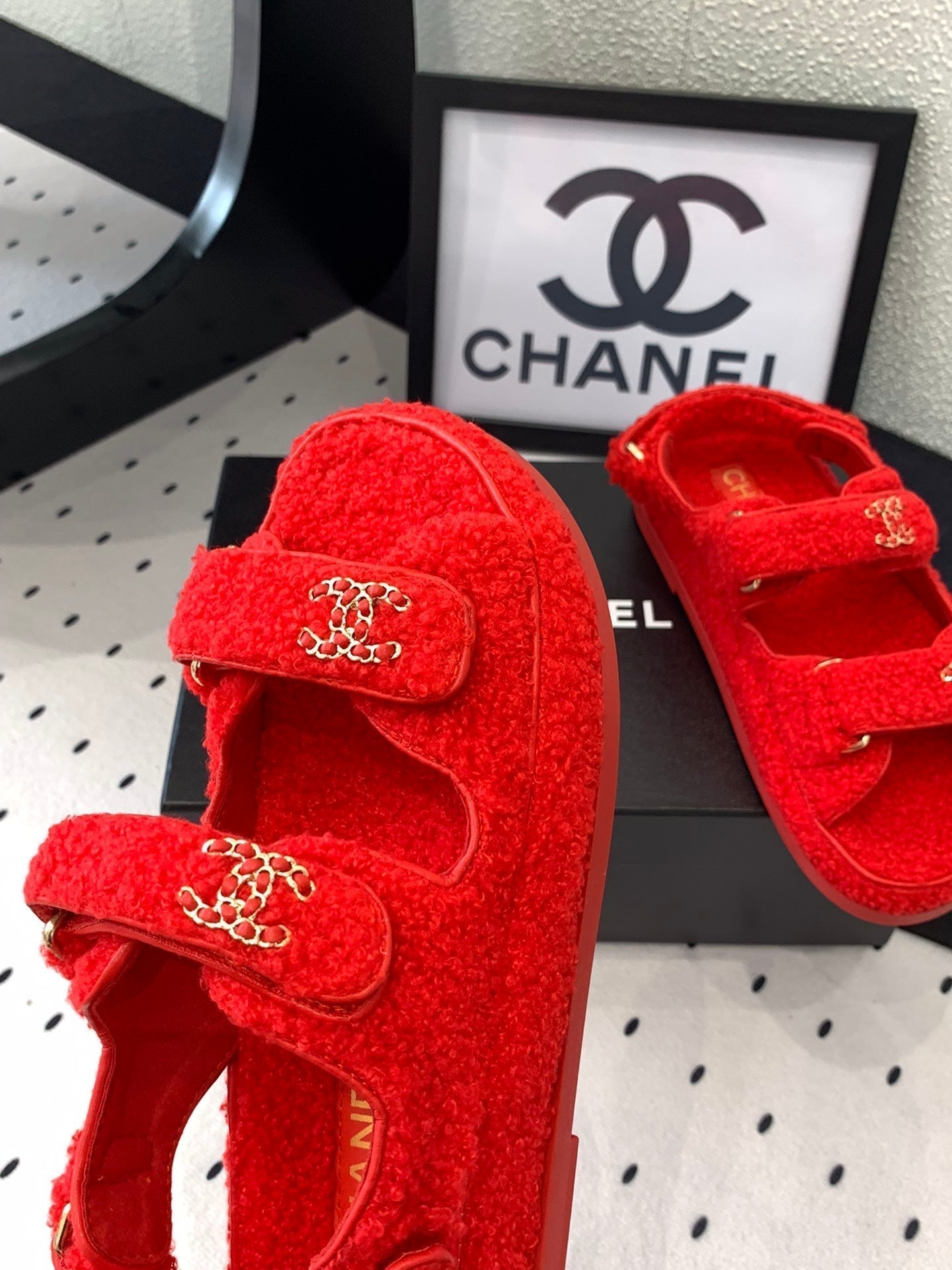 CHANEL DAD SANDAL CRIMSON RED LAMB FUR