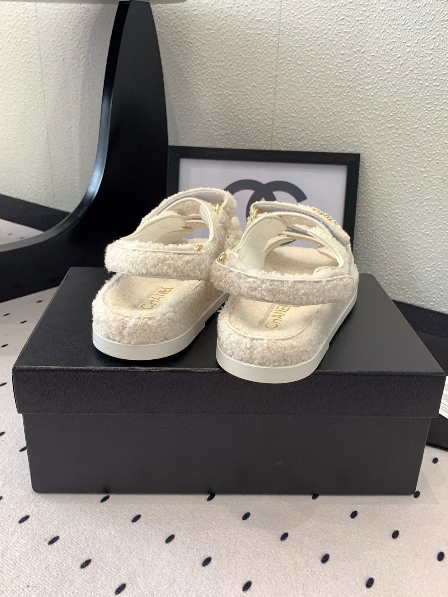 CHANEL DAD SANDAL WHITE LAMB FUR