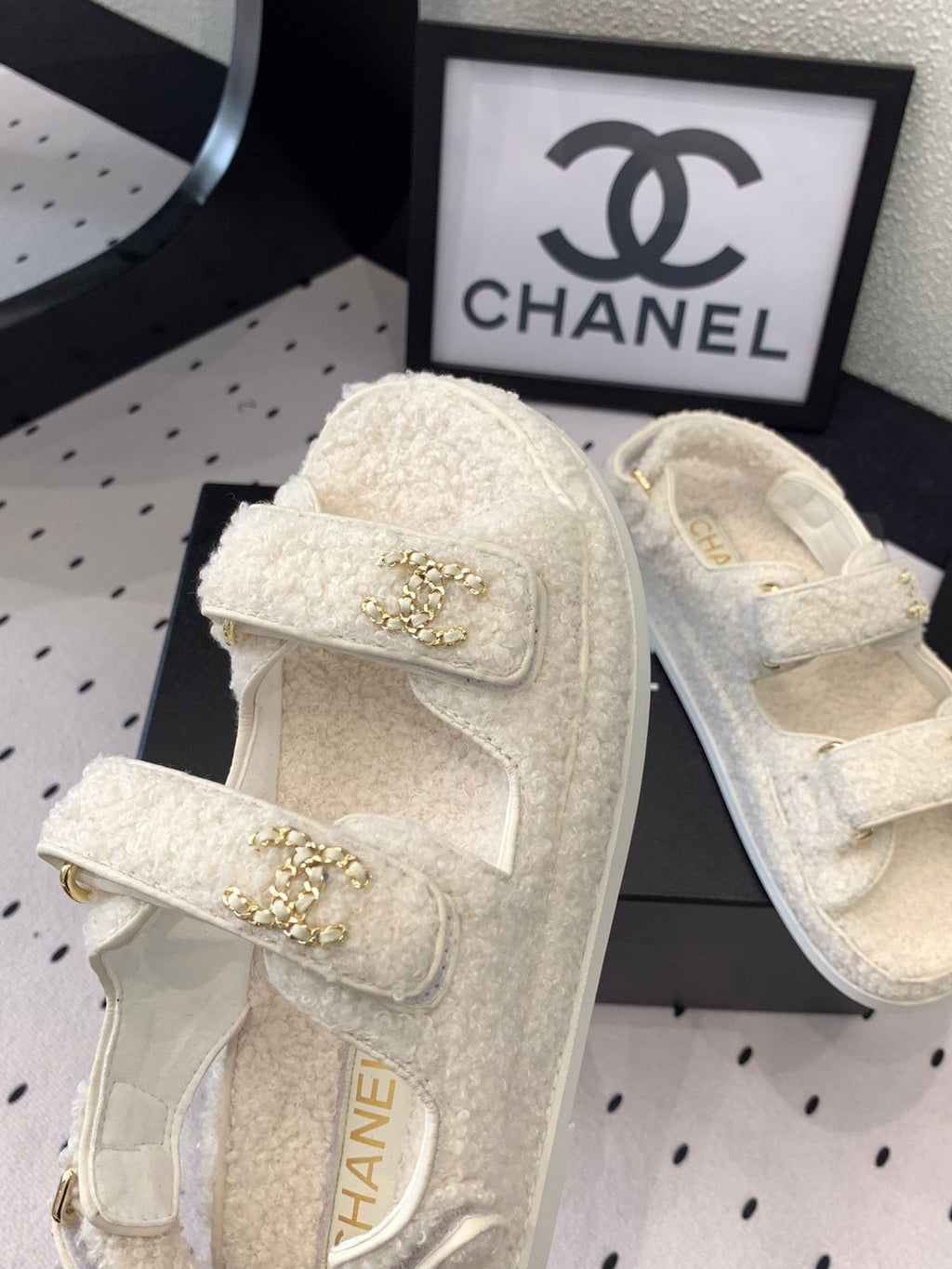 CHANEL DAD SANDAL WHITE LAMB FUR