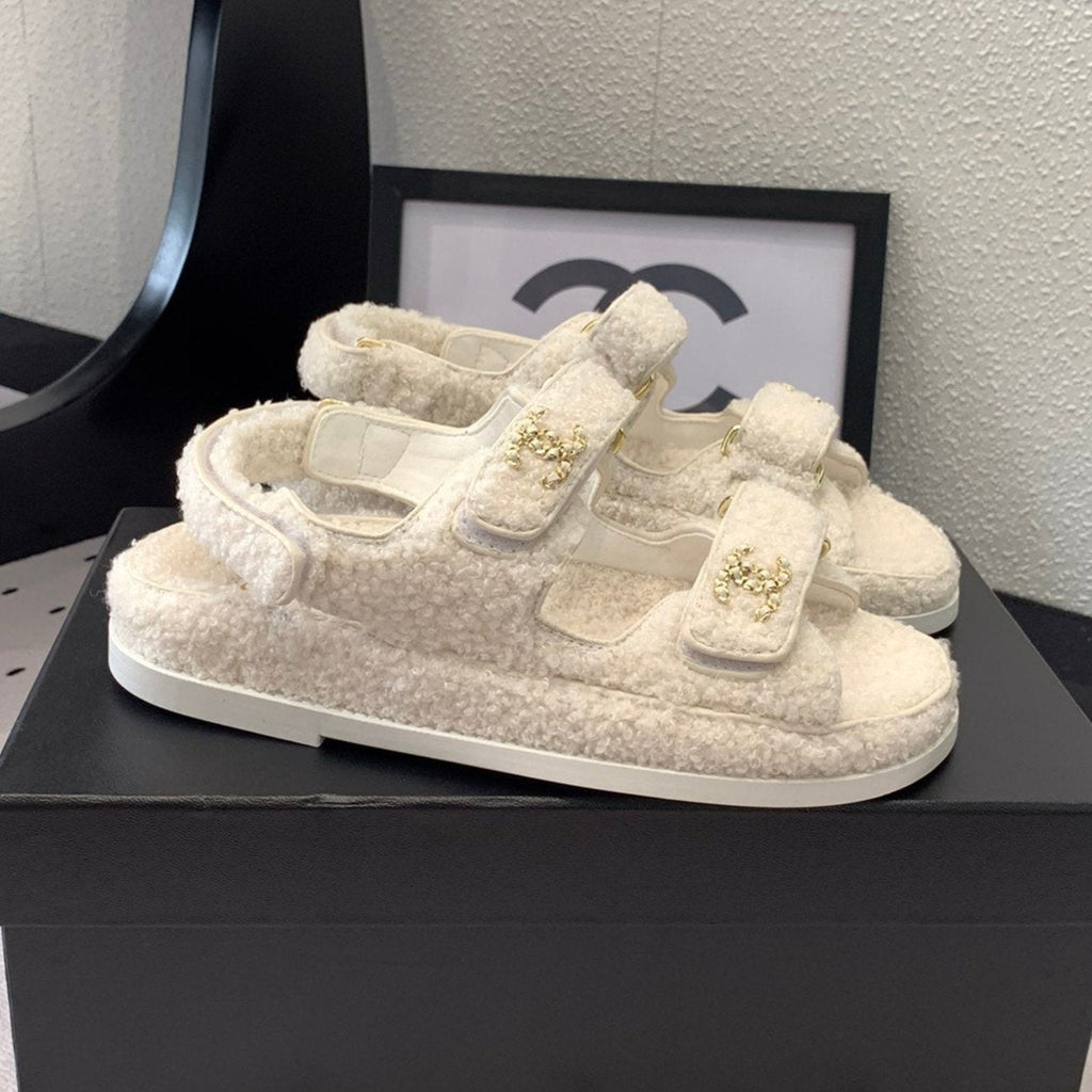 CHANEL DAD SANDAL WHITE LAMB FUR