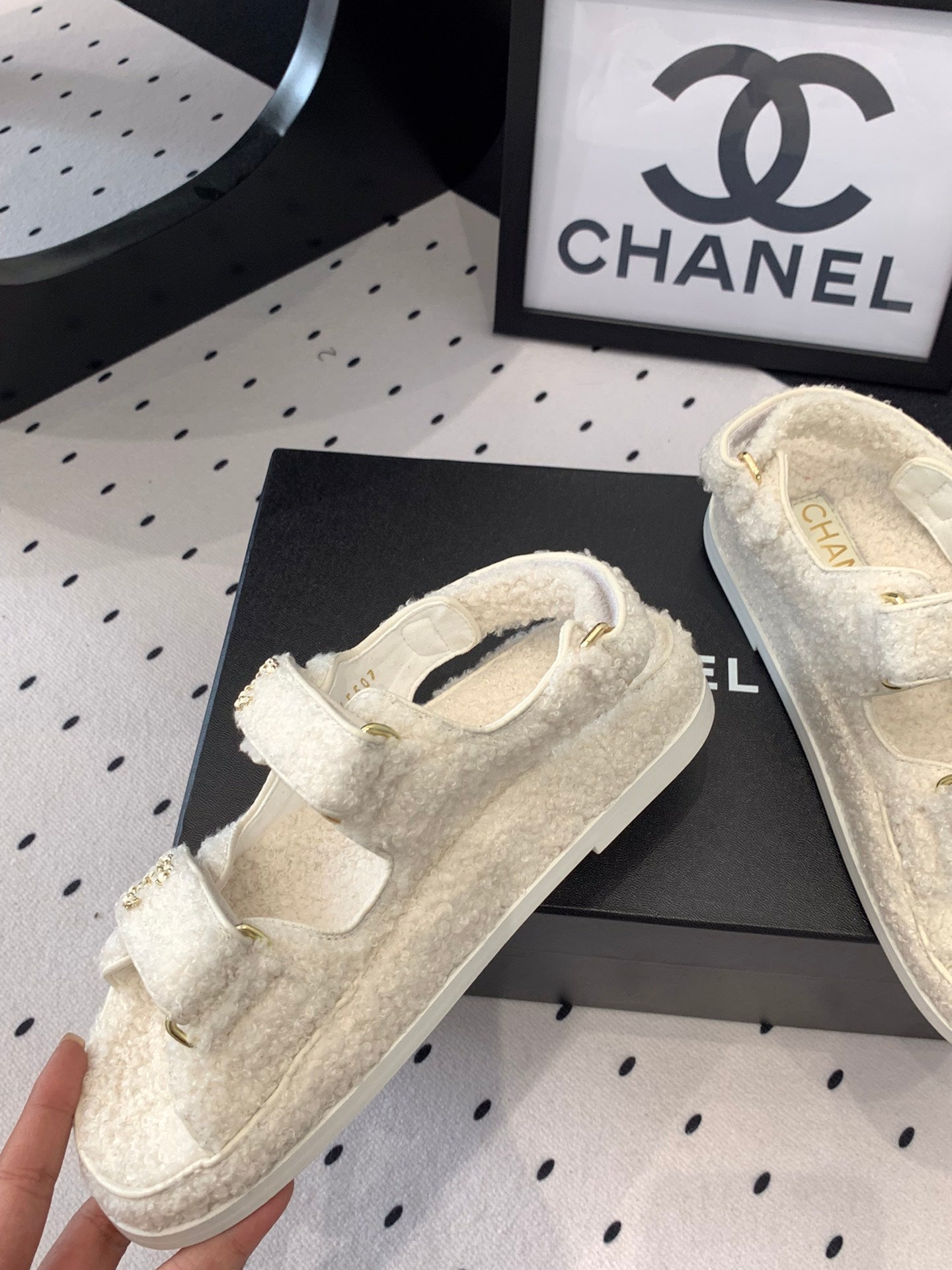CHANEL DAD SANDAL WHITE LAMB FUR