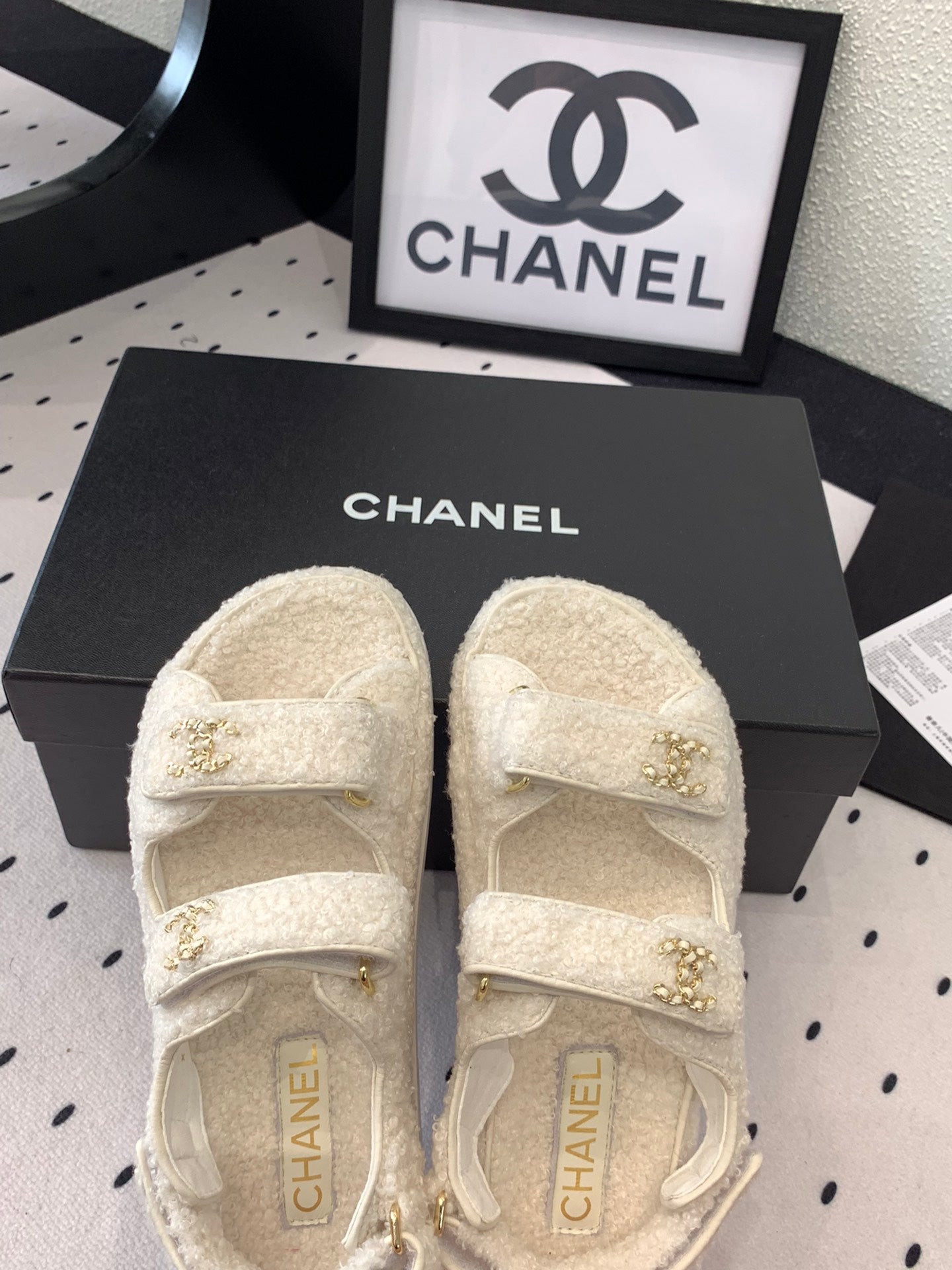 CHANEL DAD SANDAL WHITE LAMB FUR
