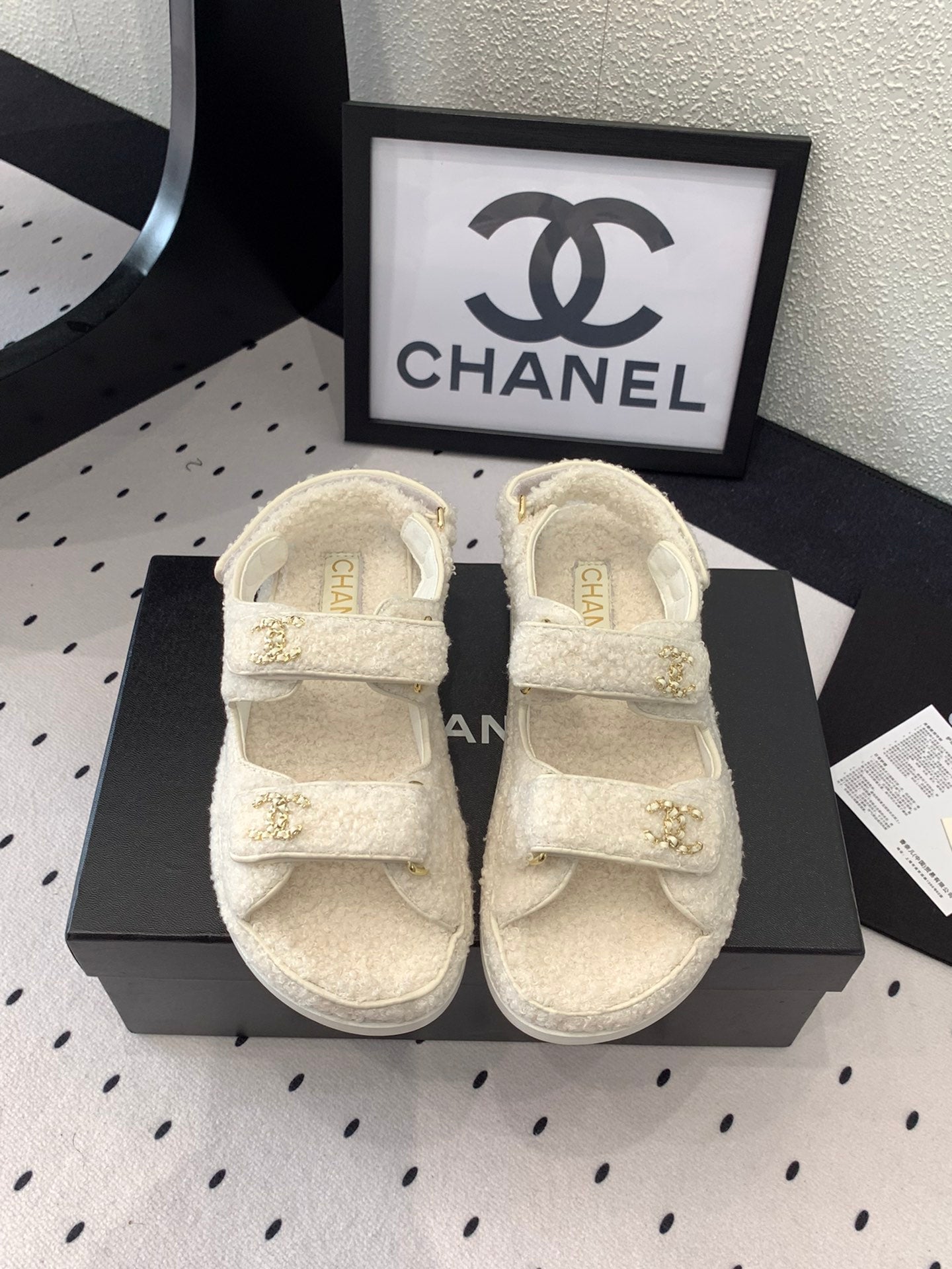CHANEL DAD SANDAL WHITE LAMB FUR