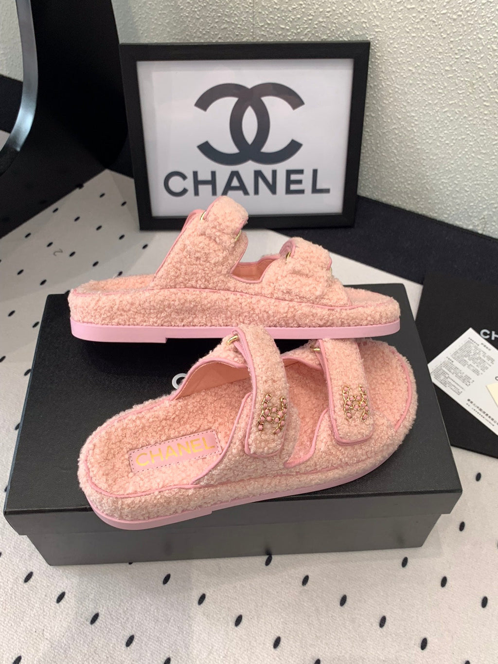 CHANEL DAD SANDAL MULE IN ROSE PINK LAMB FUR