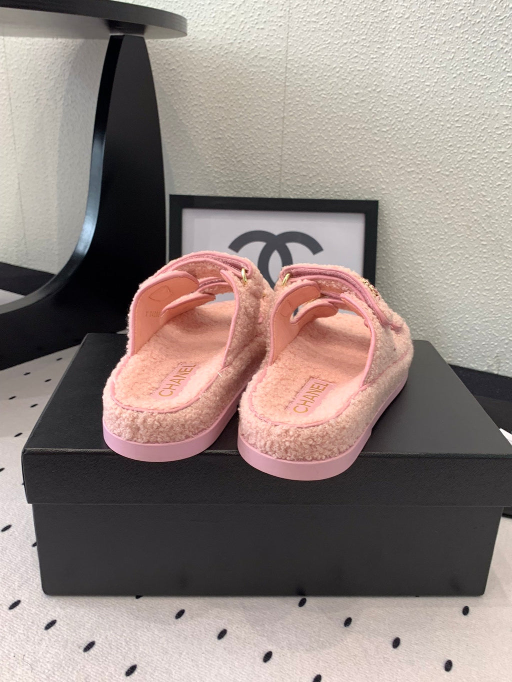 CHANEL DAD SANDAL MULE IN ROSE PINK LAMB FUR