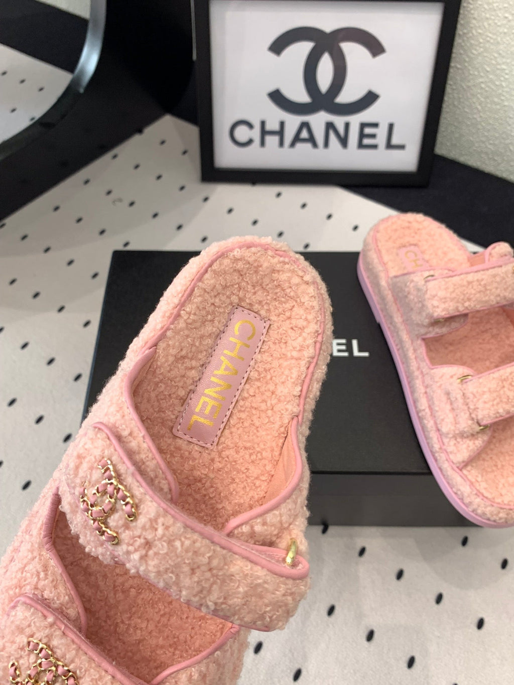 CHANEL DAD SANDAL MULE IN ROSE PINK LAMB FUR