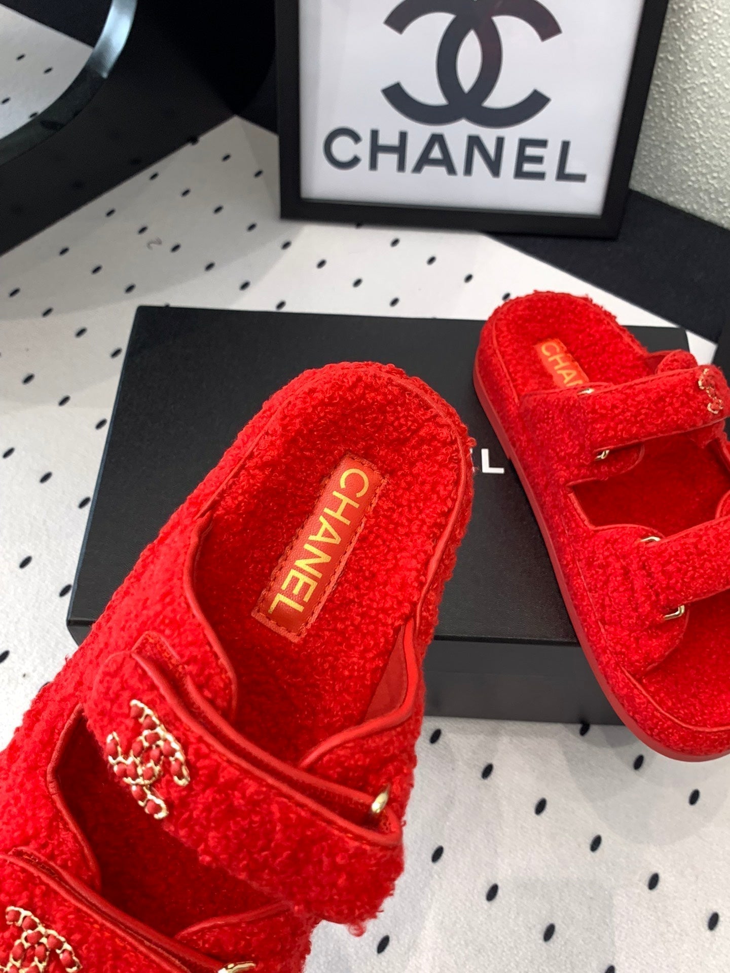 CHANEL DAD SANDAL MULE IN CRIMSON RED LAMB FUR
