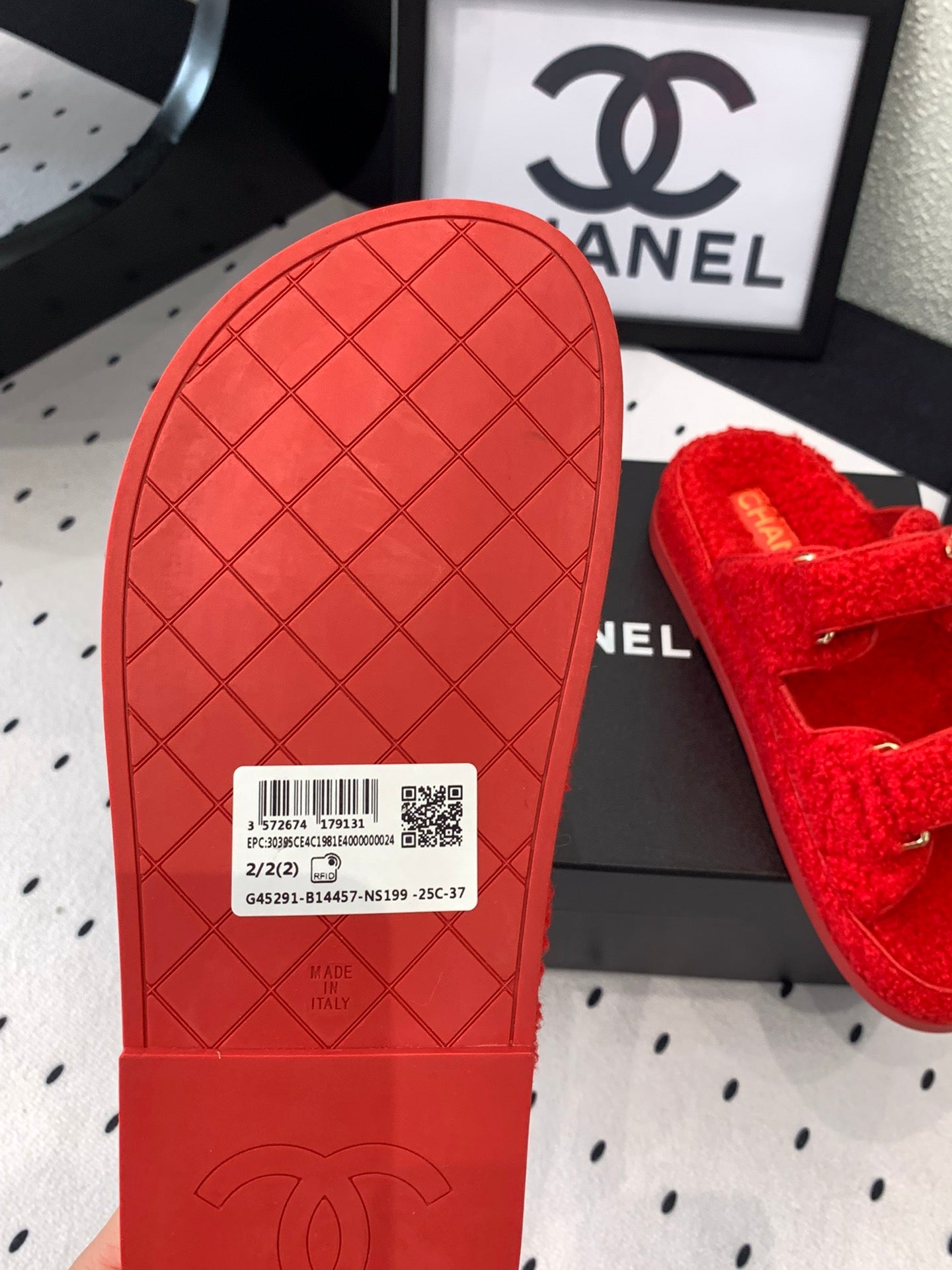 CHANEL DAD SANDAL MULE IN CRIMSON RED LAMB FUR