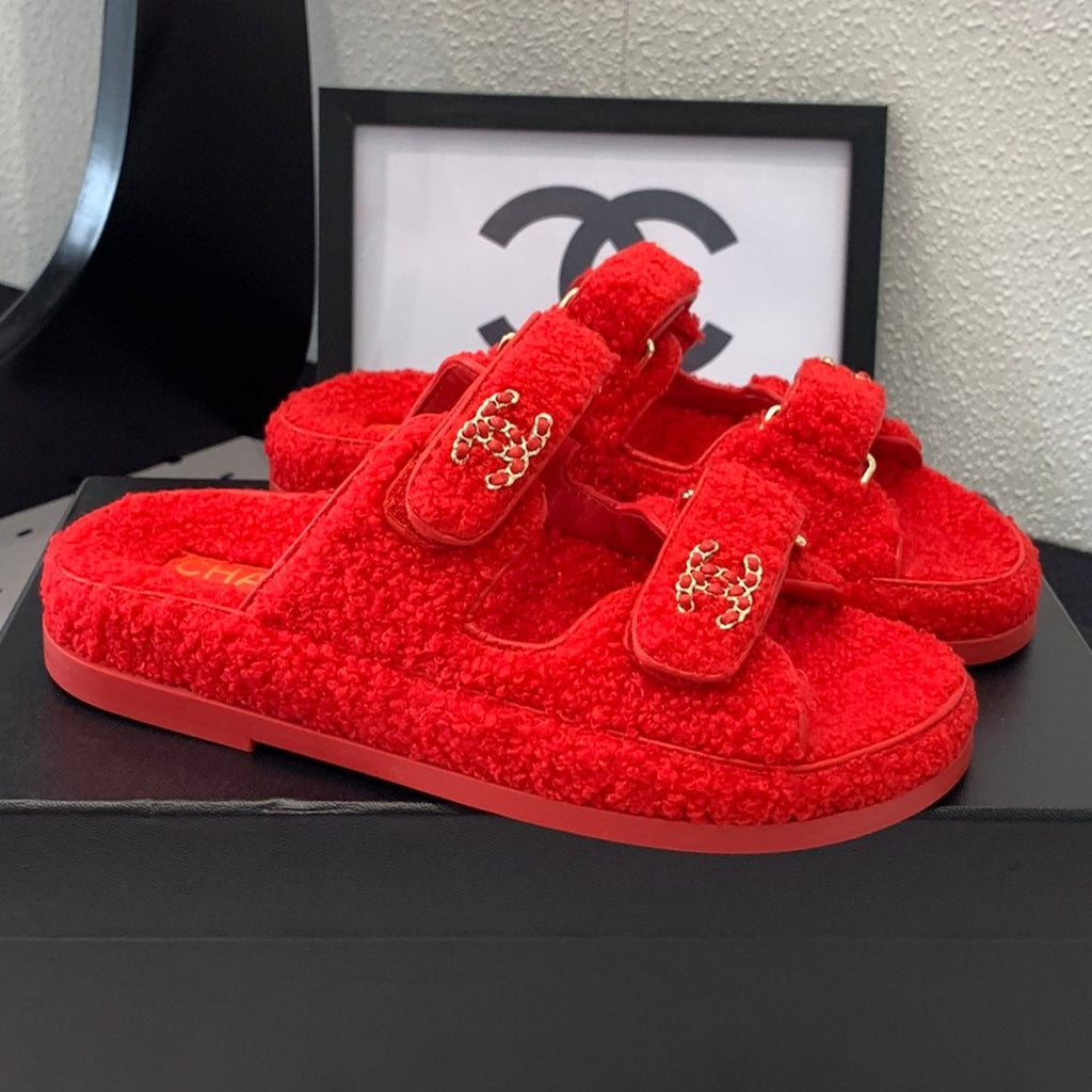 CHANEL DAD SANDAL MULE IN CRIMSON RED LAMB FUR