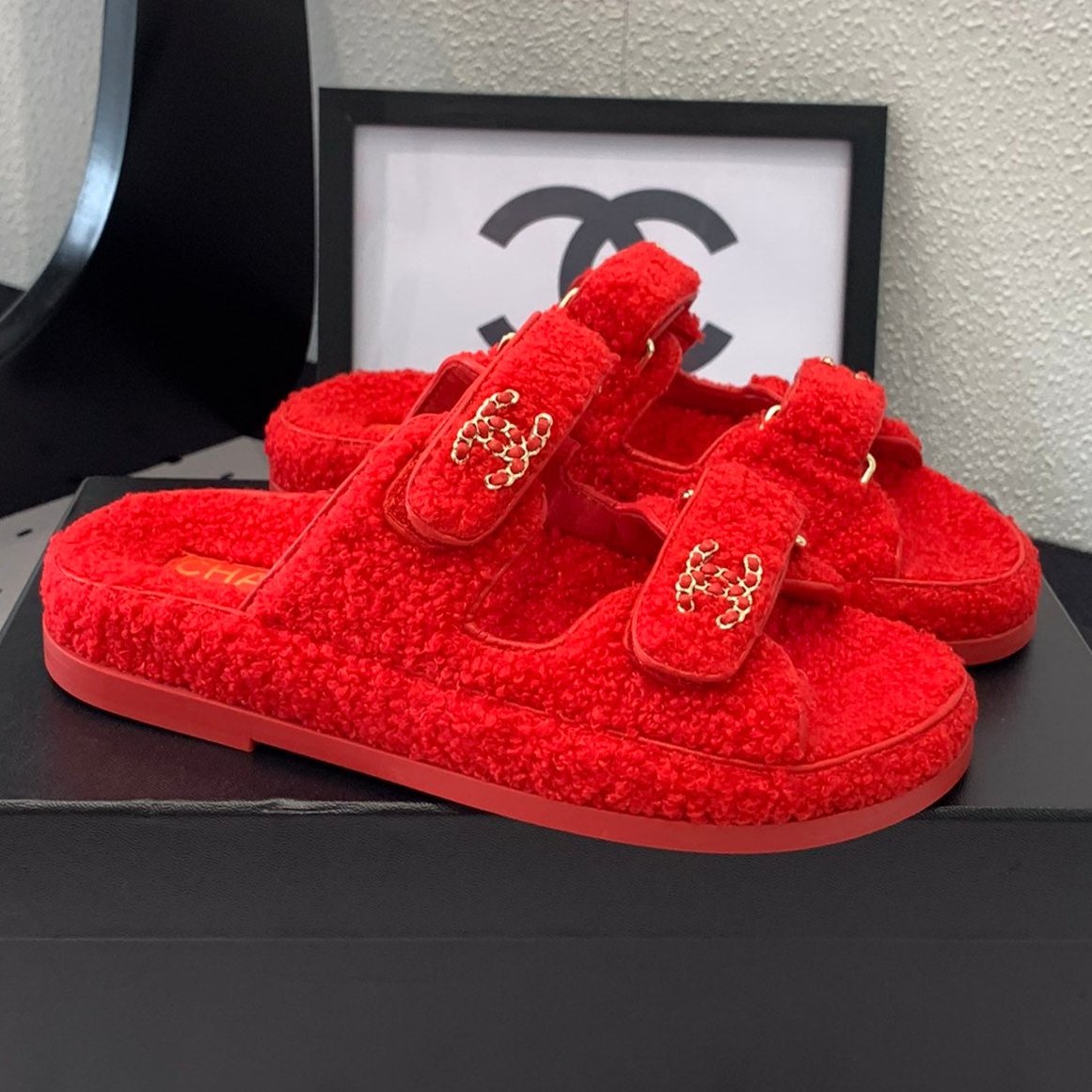 CHANEL DAD SANDAL MULE IN CRIMSON RED LAMB FUR