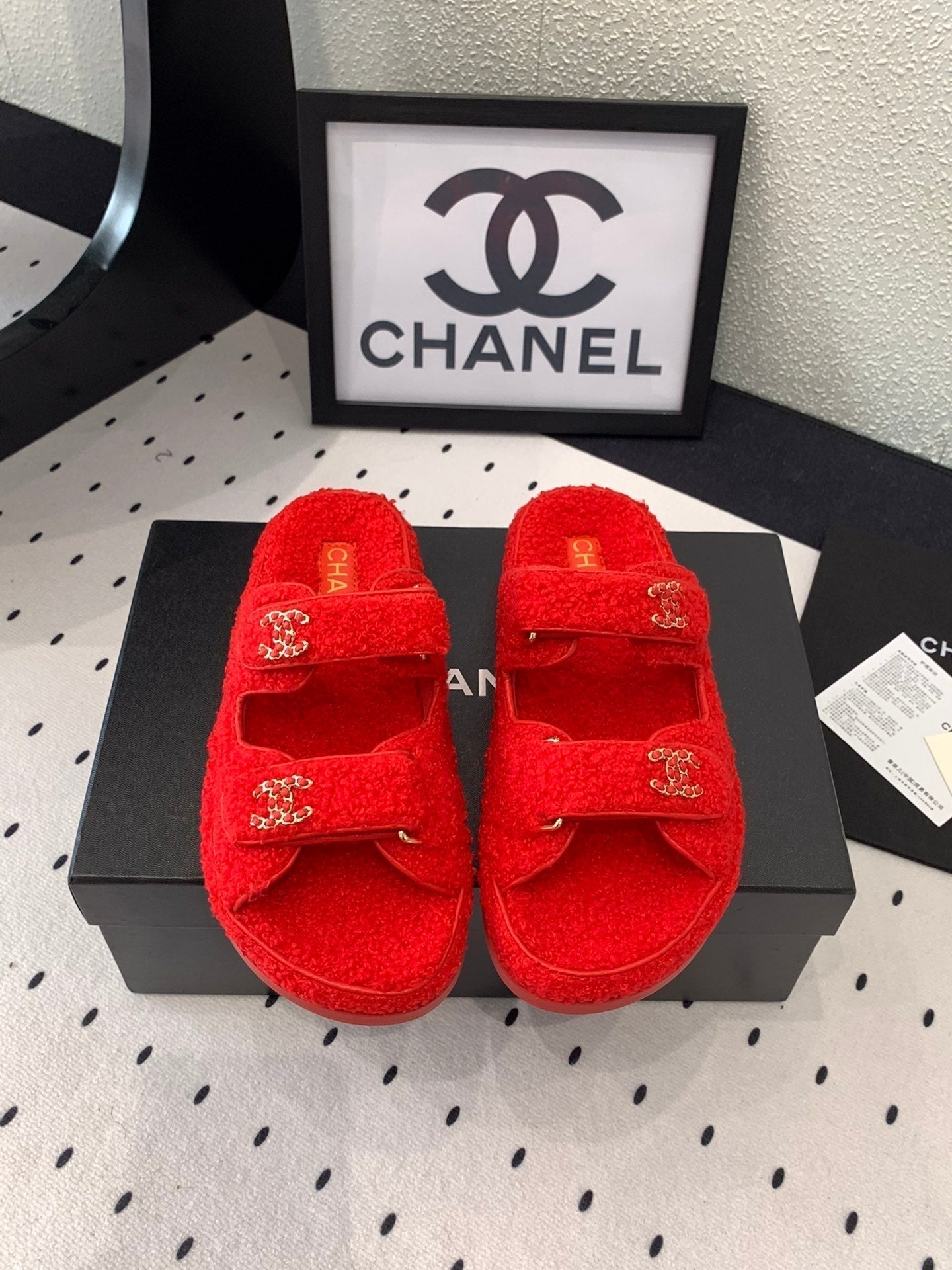 CHANEL DAD SANDAL MULE IN CRIMSON RED LAMB FUR