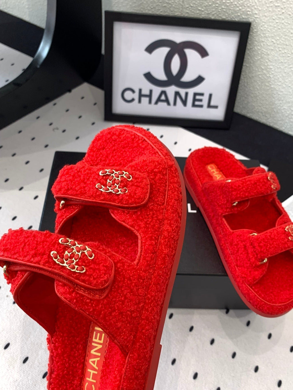 CHANEL DAD SANDAL MULE IN CRIMSON RED LAMB FUR