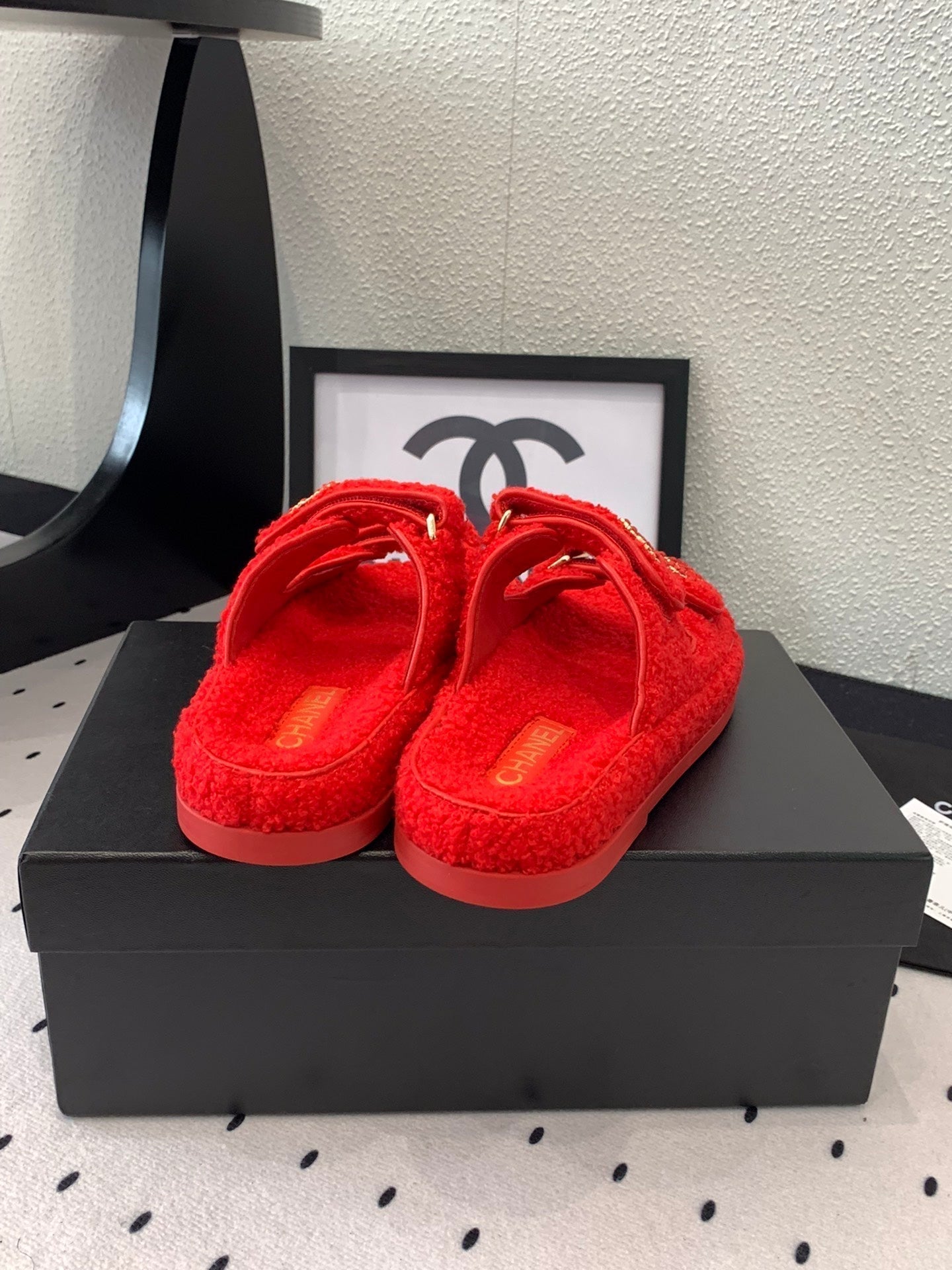 CHANEL DAD SANDAL MULE IN CRIMSON RED LAMB FUR