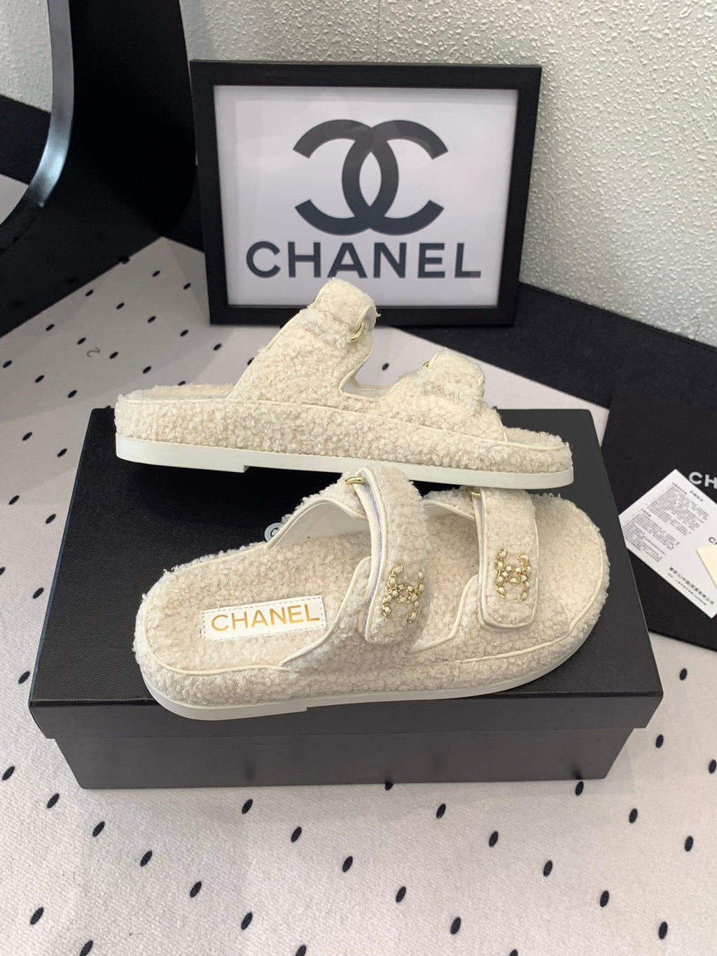 CHANEL DAD SANDAL MULE IN WHITE LAMB FUR