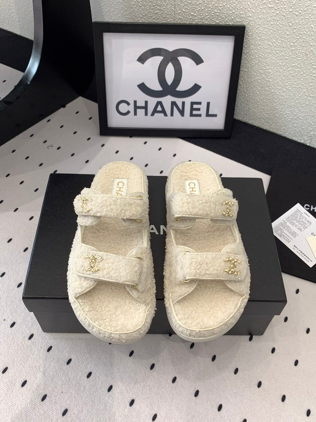 CHANEL DAD SANDAL MULE IN WHITE LAMB FUR
