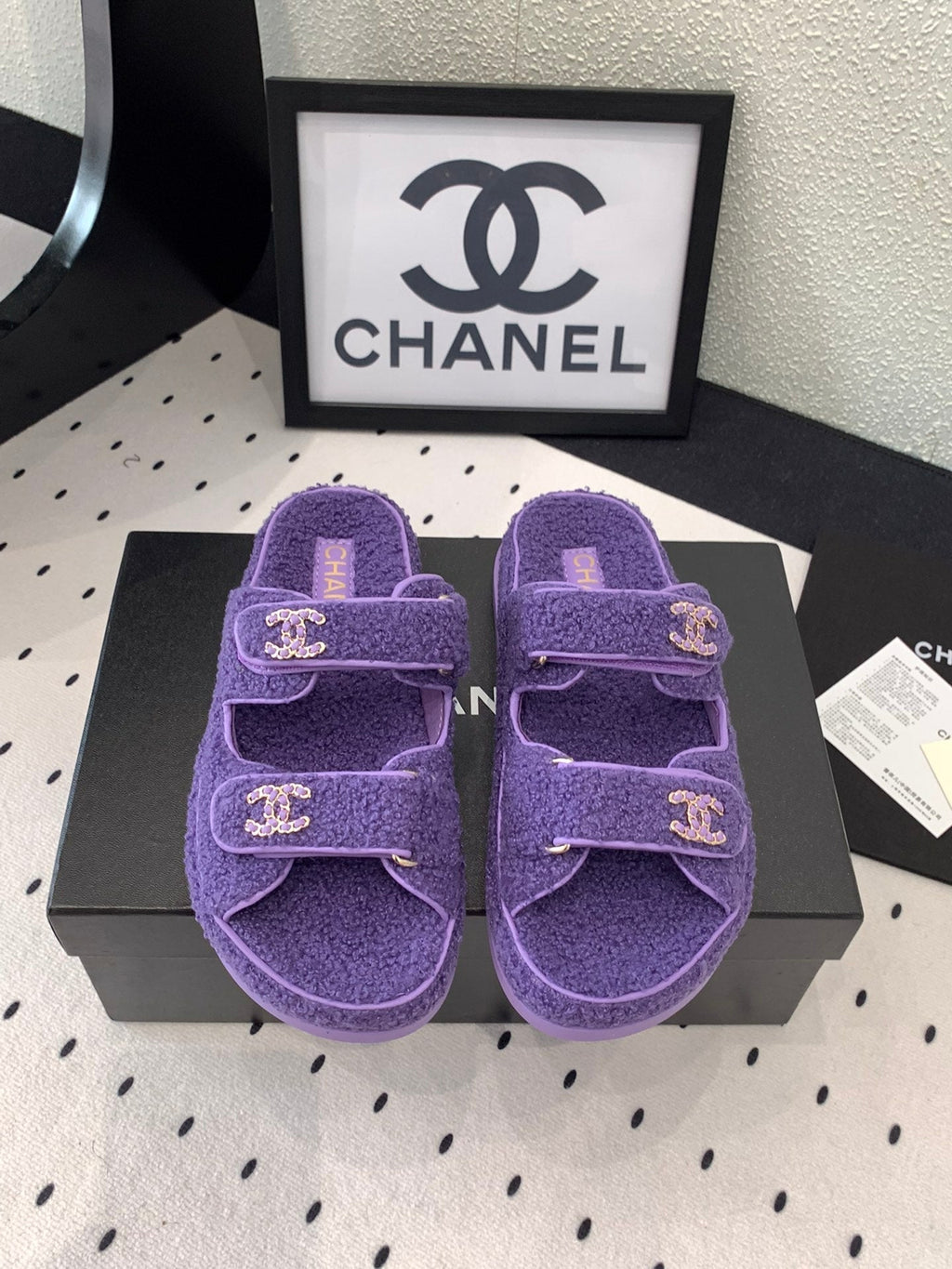 CHANEL DAD SANDAL MULE IN PLUM PURPLE LAMB FUR