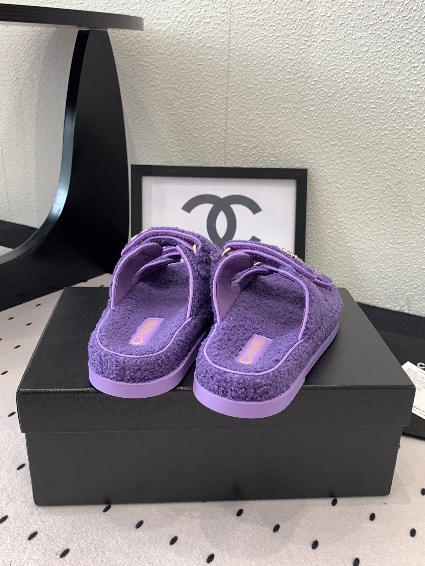 CHANEL DAD SANDAL MULE IN PLUM PURPLE LAMB FUR