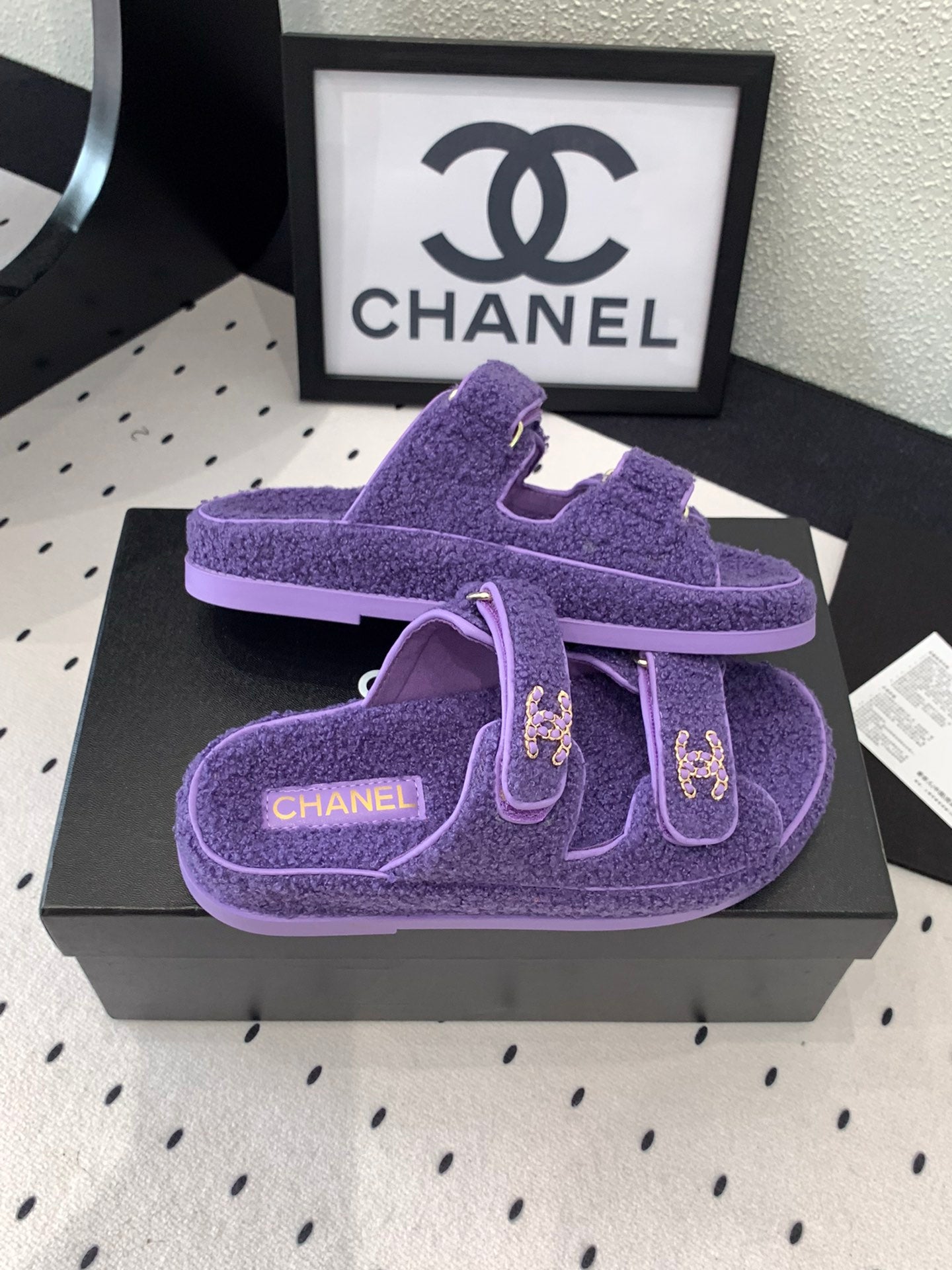 CHANEL DAD SANDAL MULE IN PLUM PURPLE LAMB FUR
