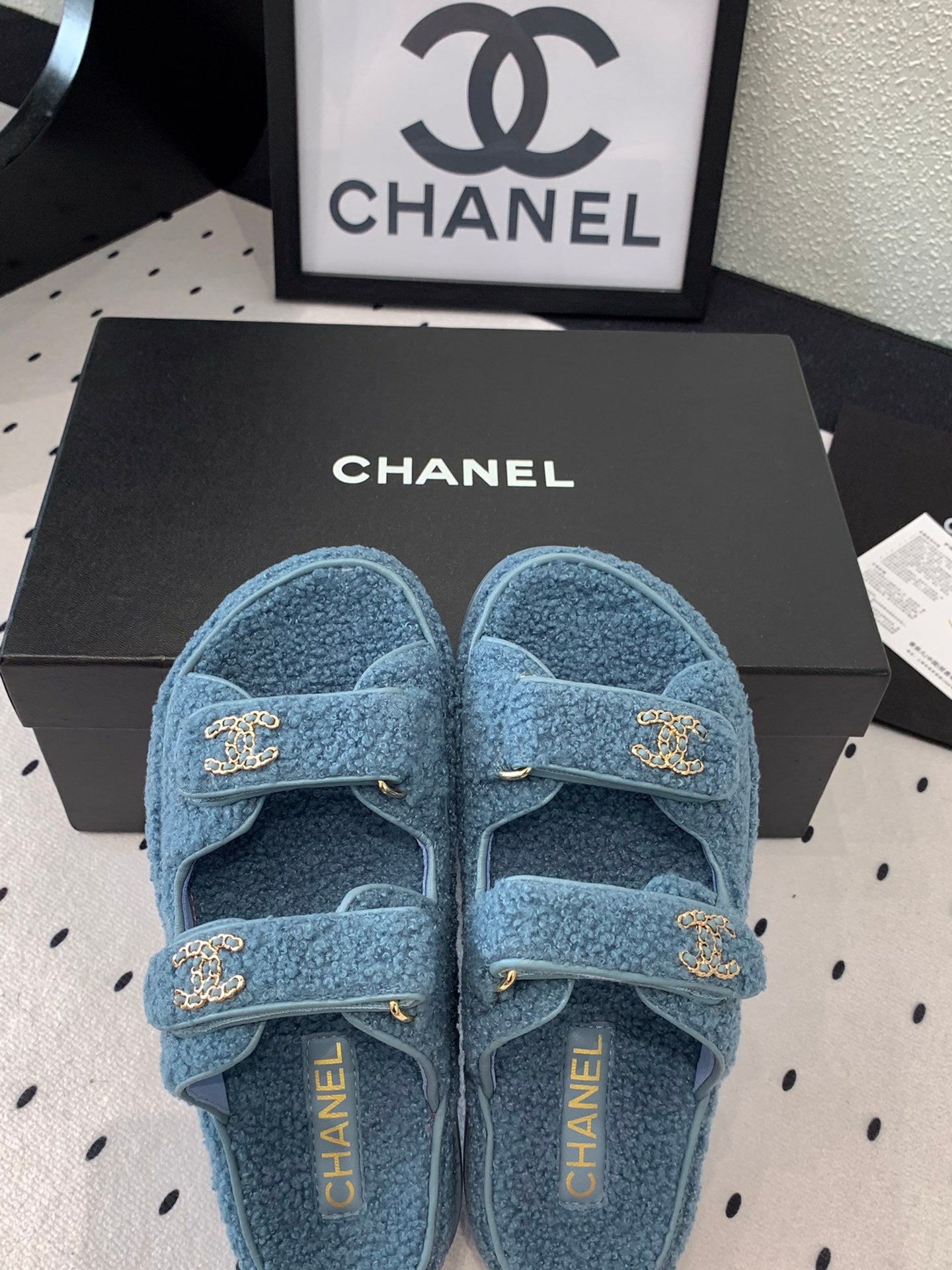CHANEL DAD SANDAL MULE IN AEGEAN BLUE LAMB FUR