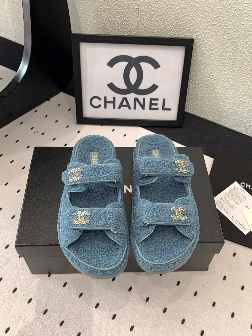 CHANEL DAD SANDAL MULE IN AEGEAN BLUE LAMB FUR