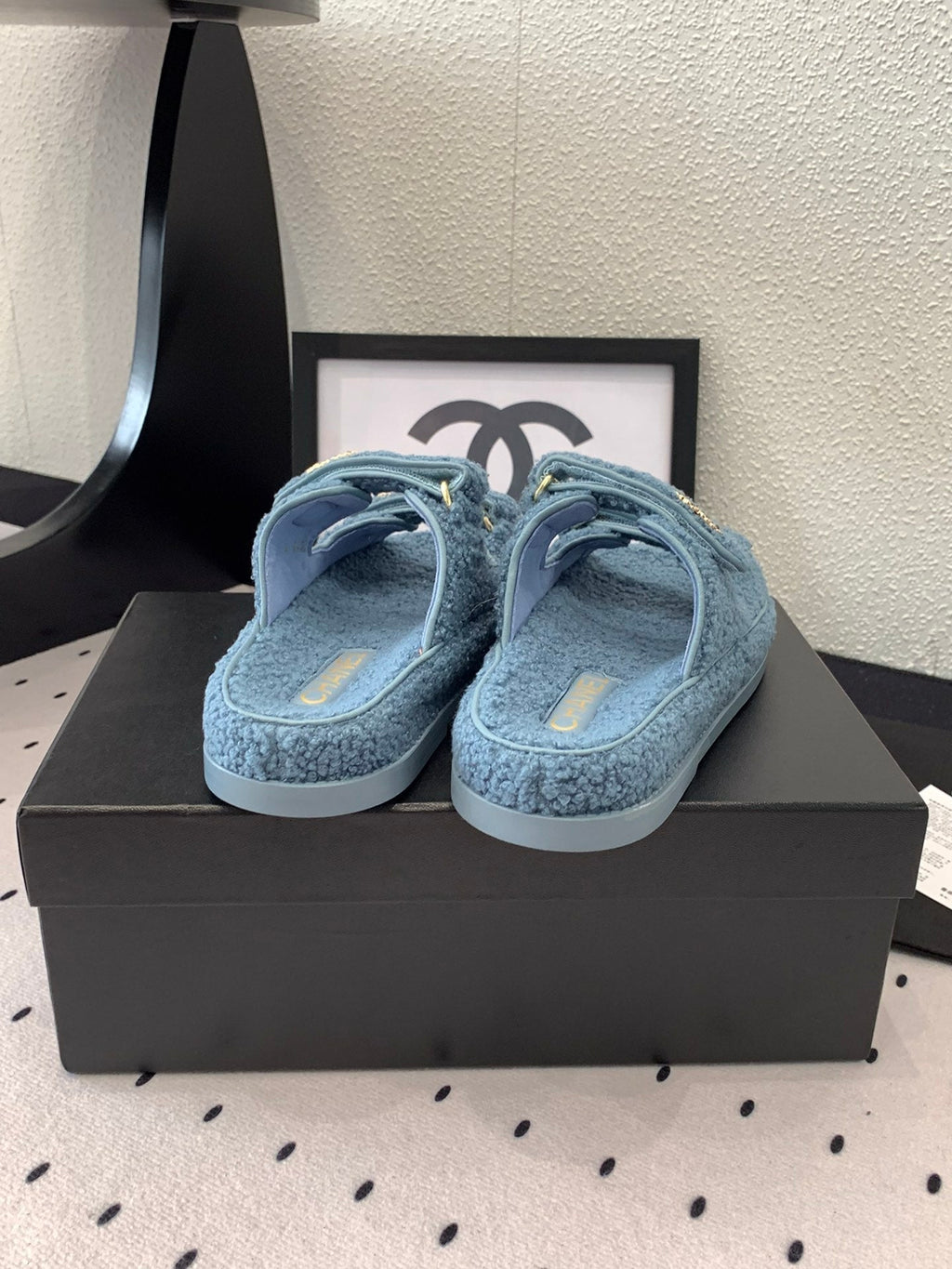 CHANEL DAD SANDAL MULE IN AEGEAN BLUE LAMB FUR
