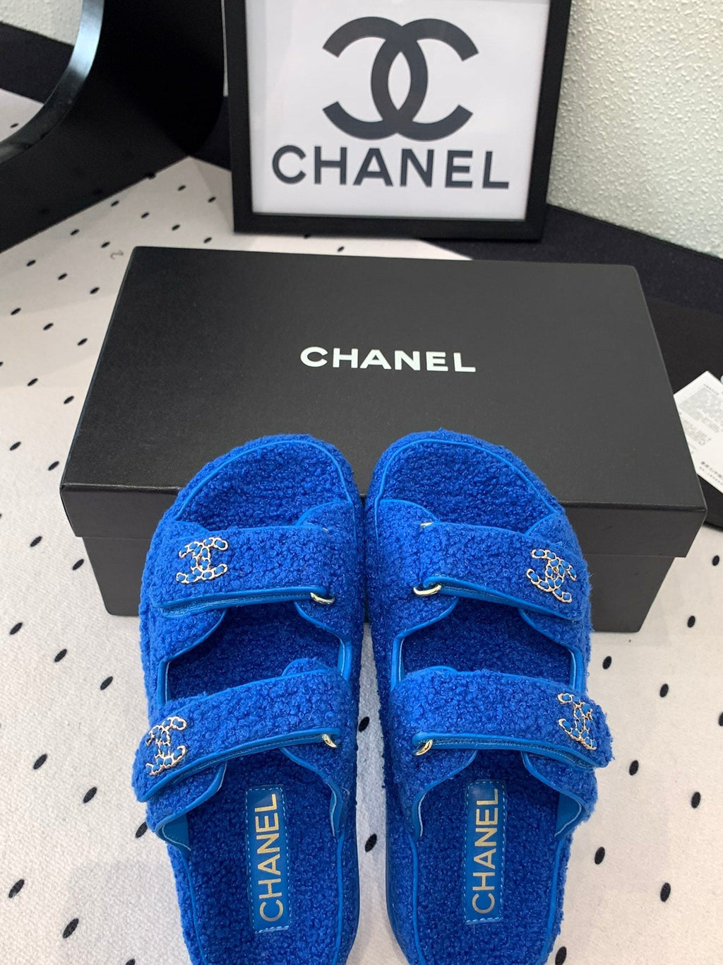 CHANEL DAD SANDAL MULE IN AZURE BLUE LAMB FUR