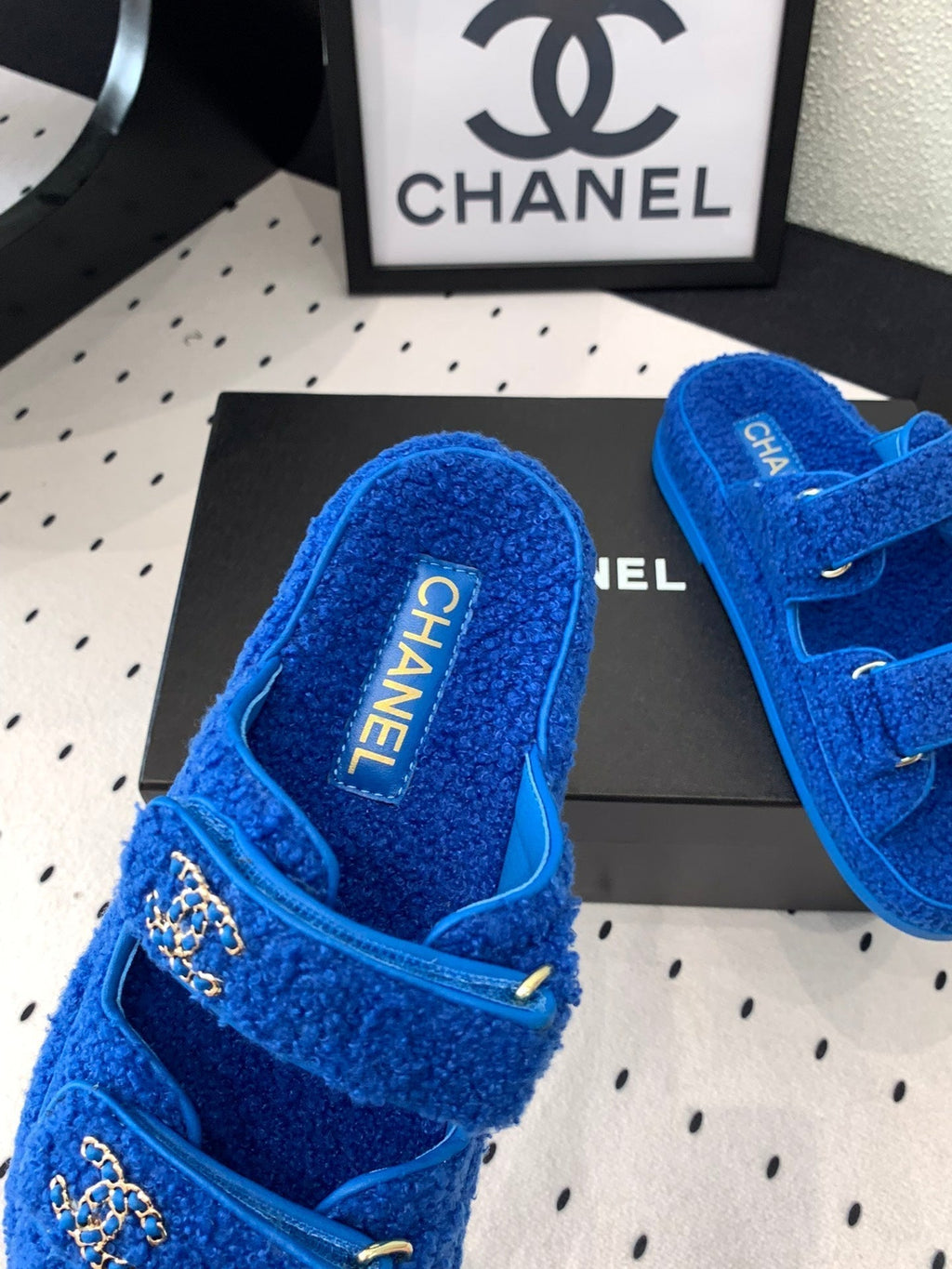 CHANEL DAD SANDAL MULE IN AZURE BLUE LAMB FUR