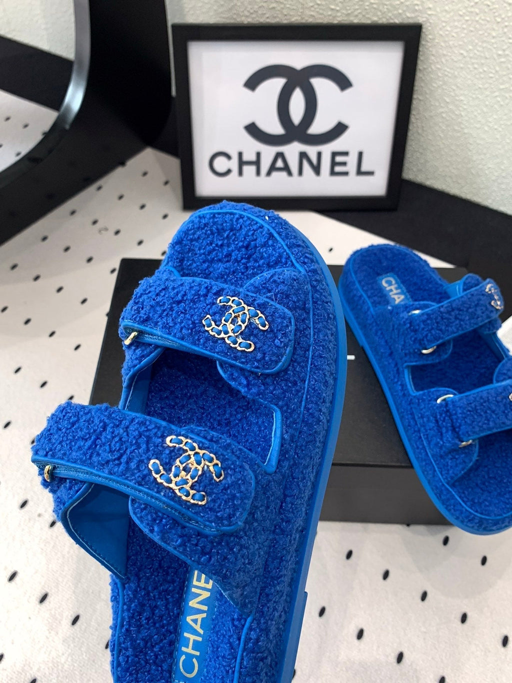 CHANEL DAD SANDAL MULE IN AZURE BLUE LAMB FUR