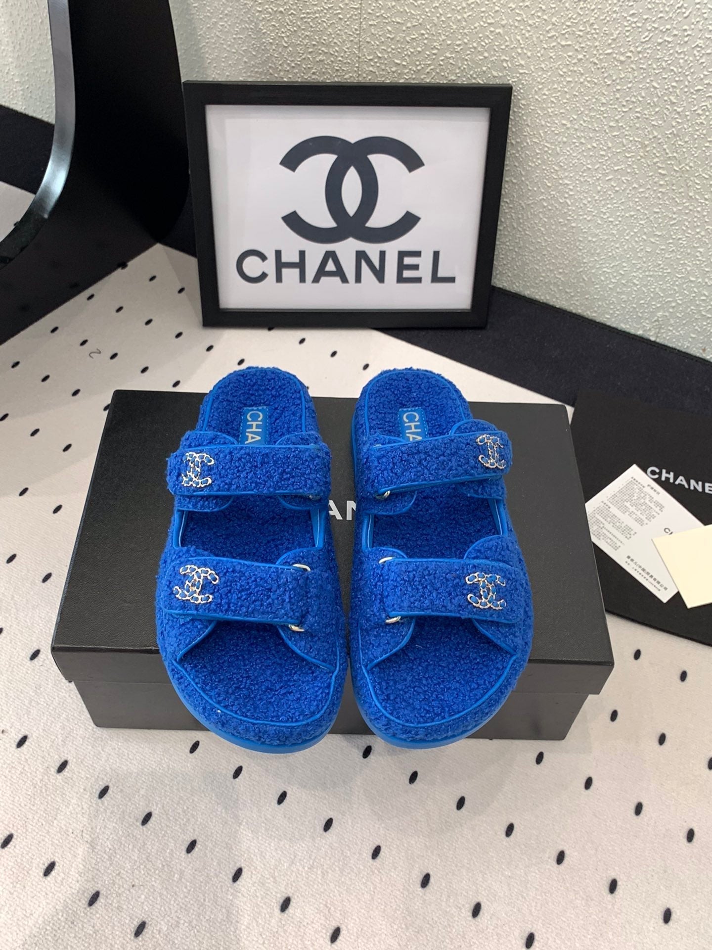 CHANEL DAD SANDAL MULE IN AZURE BLUE LAMB FUR