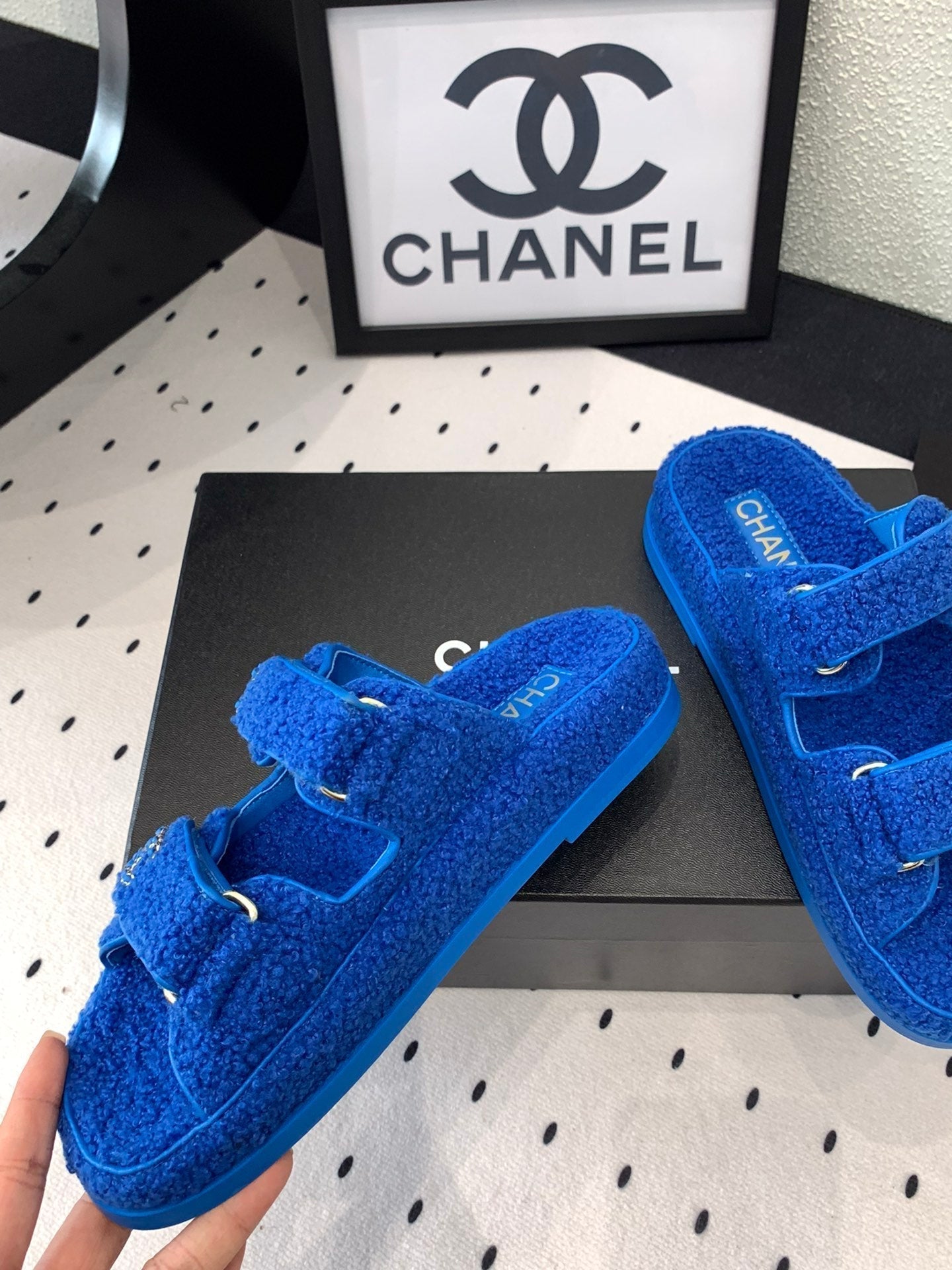 CHANEL DAD SANDAL MULE IN AZURE BLUE LAMB FUR