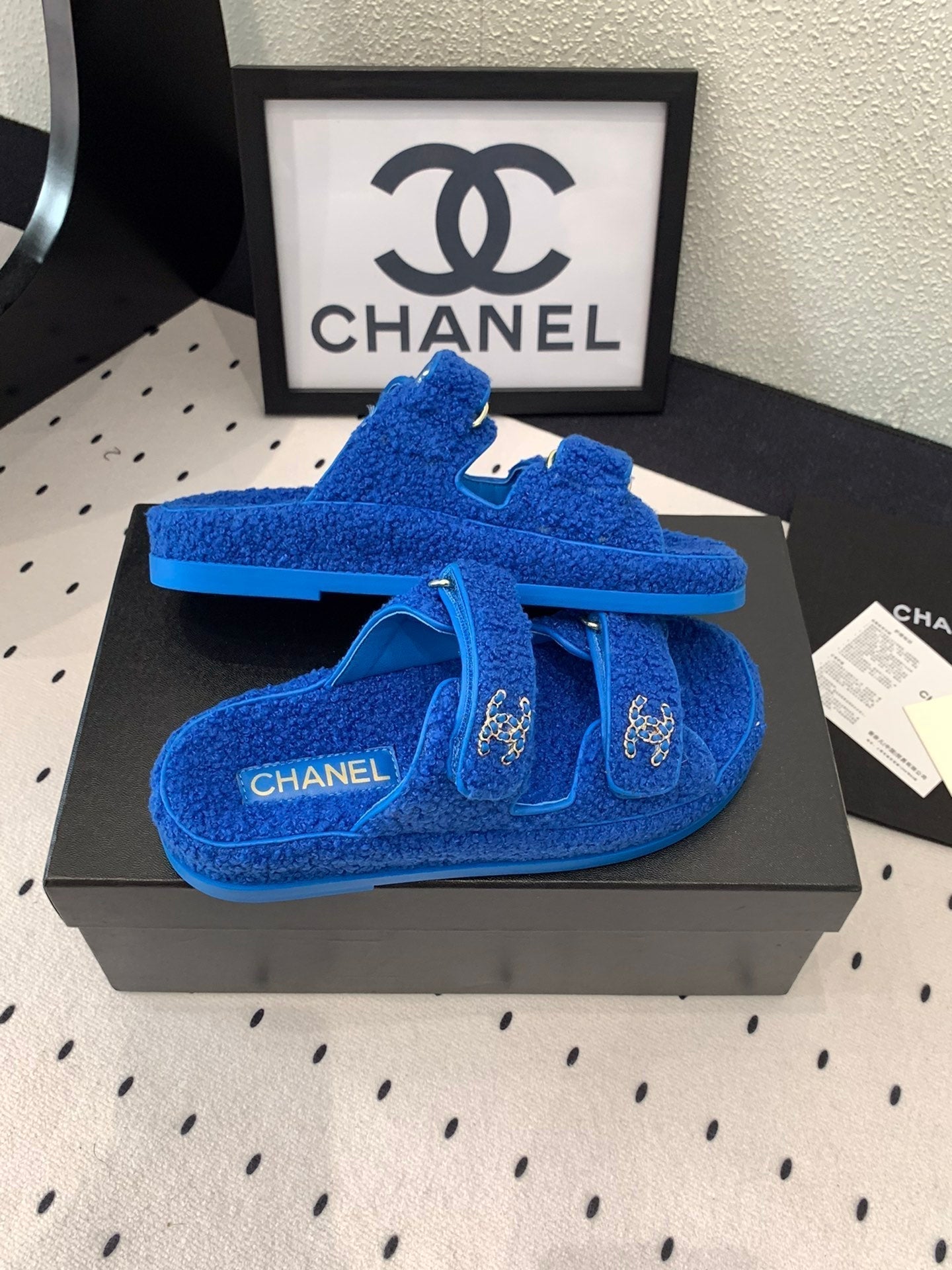 CHANEL DAD SANDAL MULE IN AZURE BLUE LAMB FUR