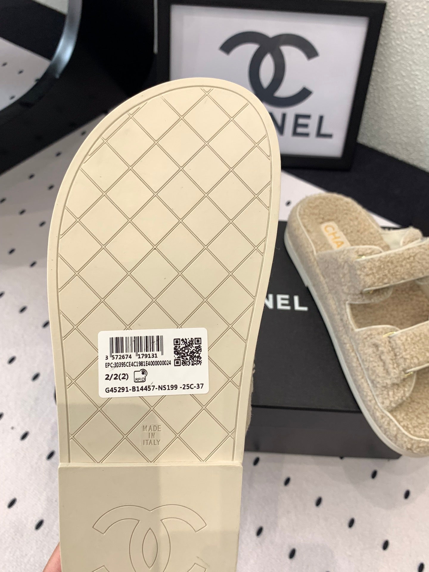 CHANEL DAD SANDAL MULE IN ECRU BEIGE LAMB FUR