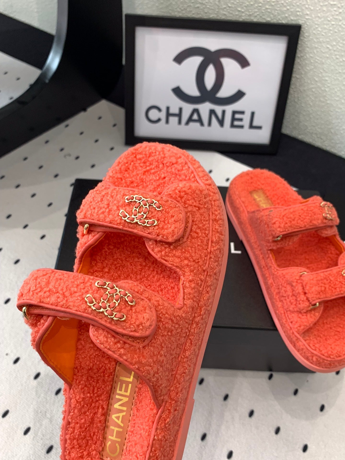 CHANEL DAD SANDAL MULE IN RED ORANGE LAMB FUR