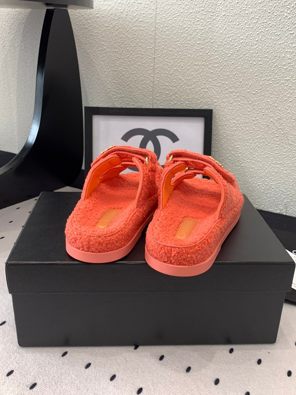 CHANEL DAD SANDAL MULE IN RED ORANGE LAMB FUR