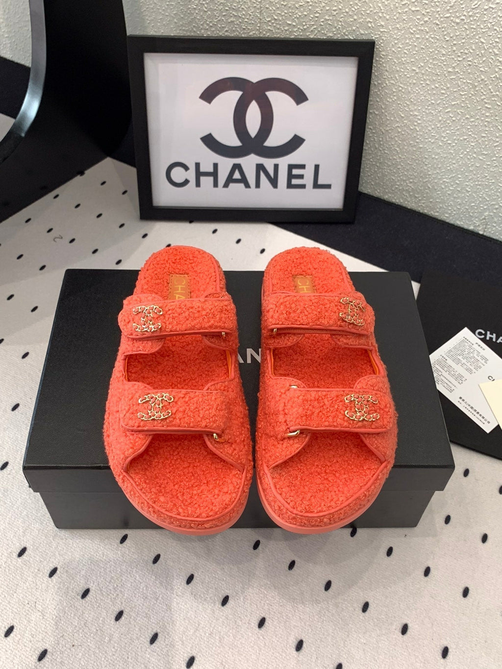 CHANEL DAD SANDAL MULE IN RED ORANGE LAMB FUR