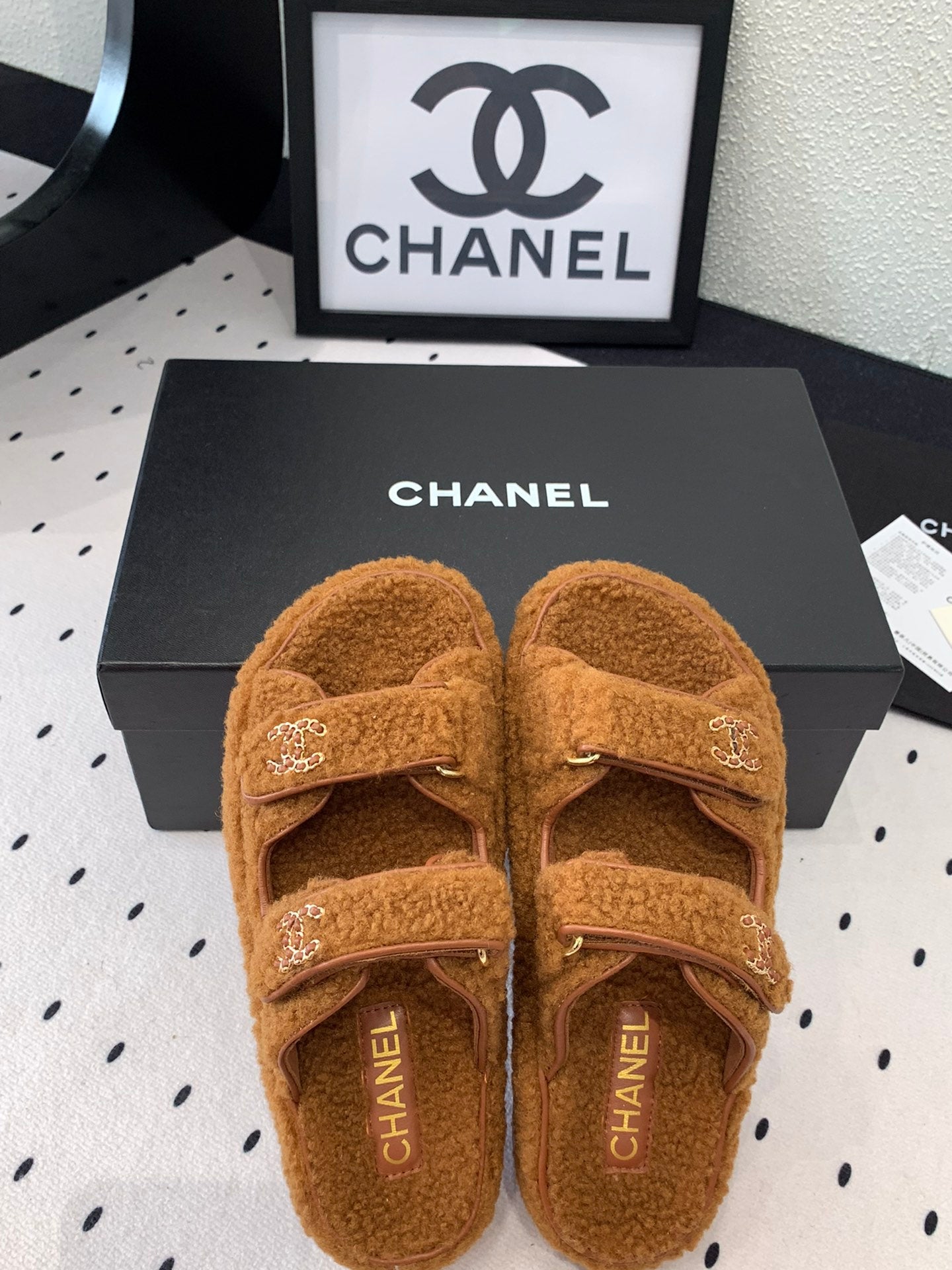 CHANEL DAD SANDAL MULE IN BRONZE BROWN LAMB FUR