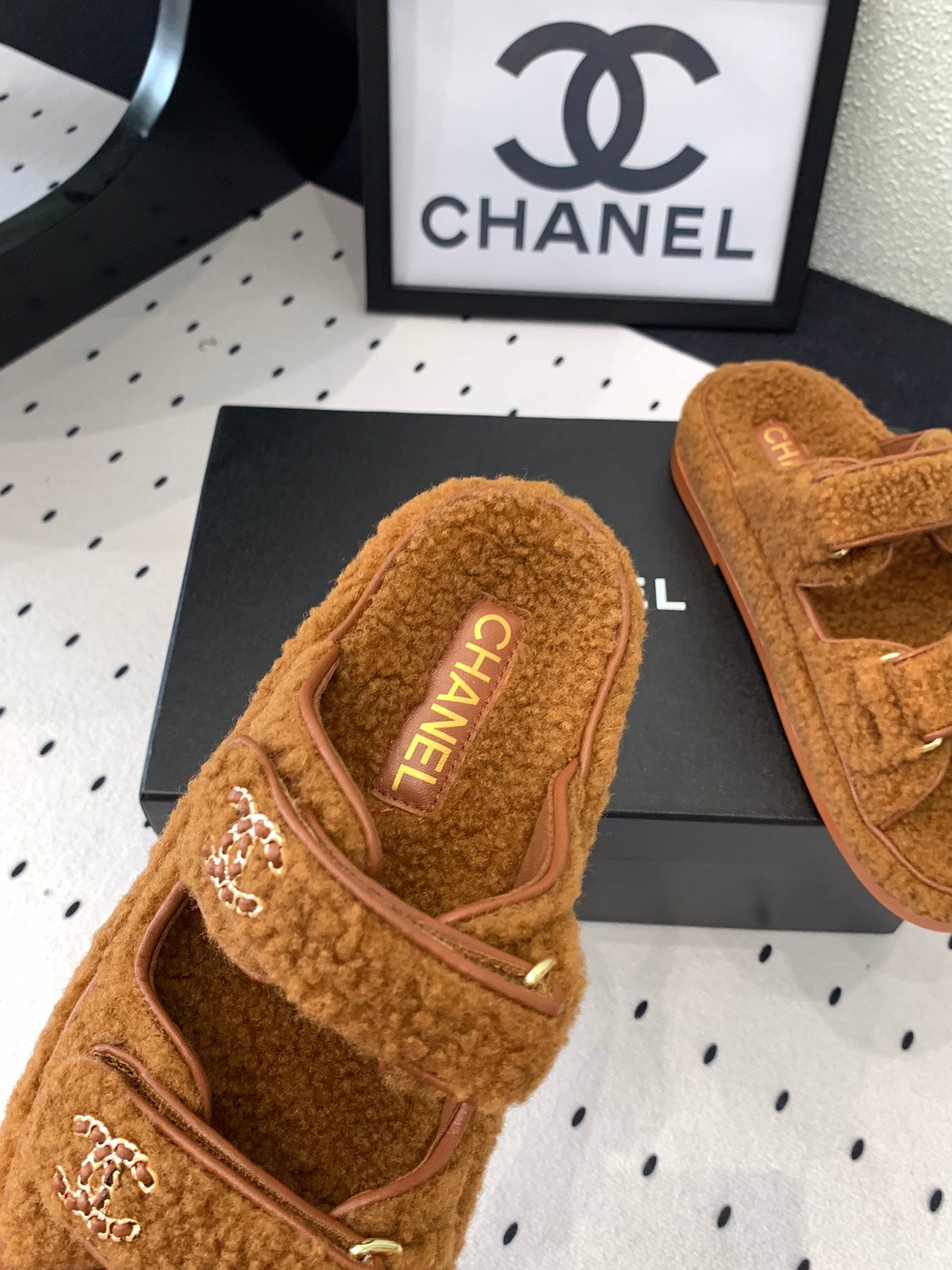 CHANEL DAD SANDAL MULE IN BRONZE BROWN LAMB FUR