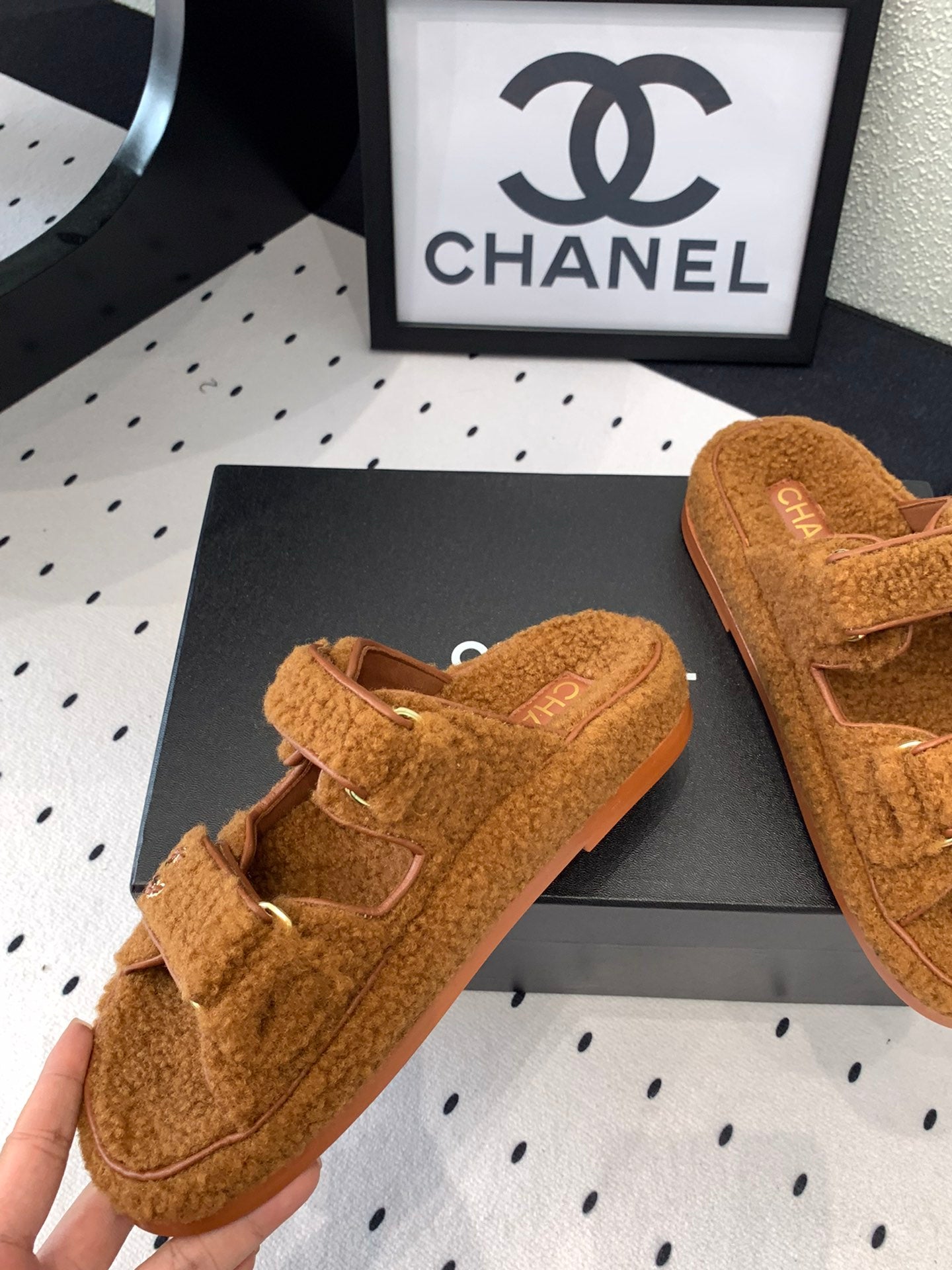 CHANEL DAD SANDAL MULE IN BRONZE BROWN LAMB FUR